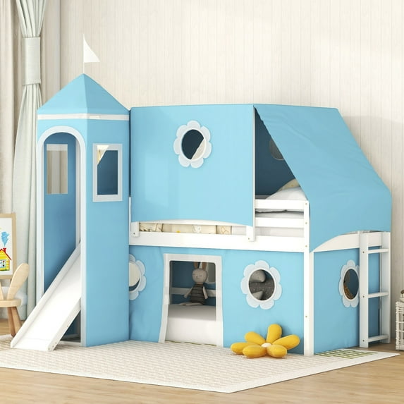 Aukfa Castle Low Loft Bed with Slide - Twin Bed Frame with Blue Tent and Tower for Kids - Blue