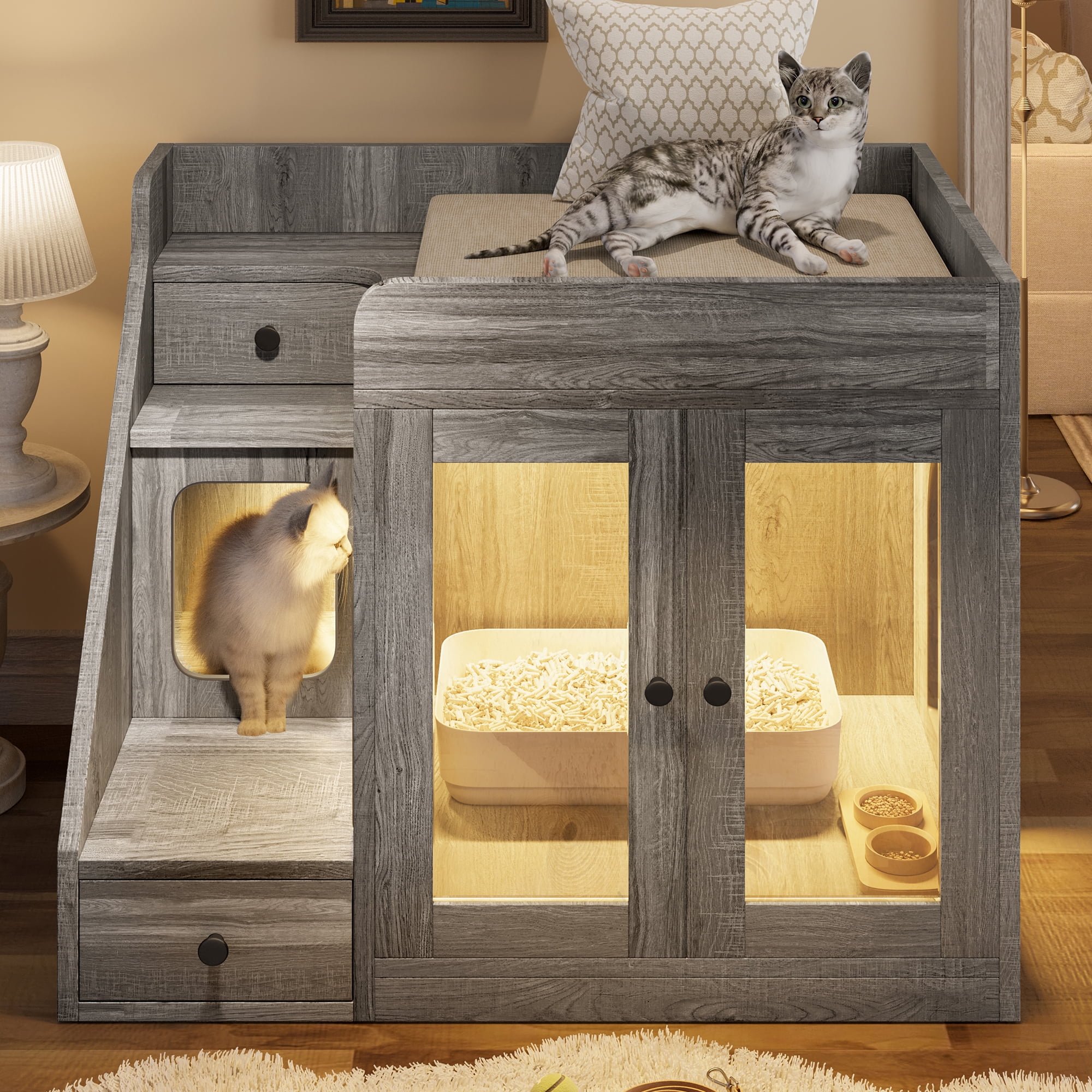 Aukfa Cat Litter Box Enclosure with LED Light and 2 Storage Drawers for Living Room,Gray