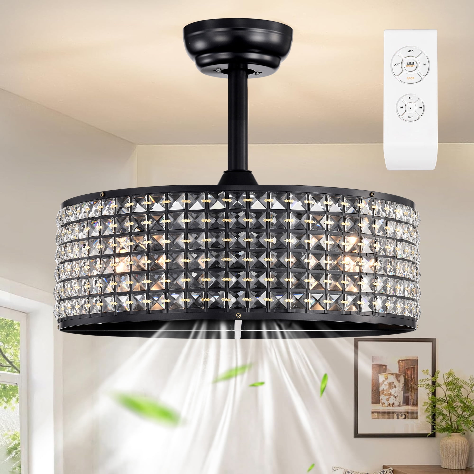Aukfa Ceiling Fan with Light and Remote, 20" Low Profile Ceiling Fan for Living Room,Bedroom,Crystal