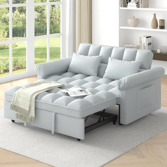 Aukfa 56" Chaise Futon Convertible Loveseat Sleeper Sofa, 2Pillows, Full Size, Flannel, Light Gray