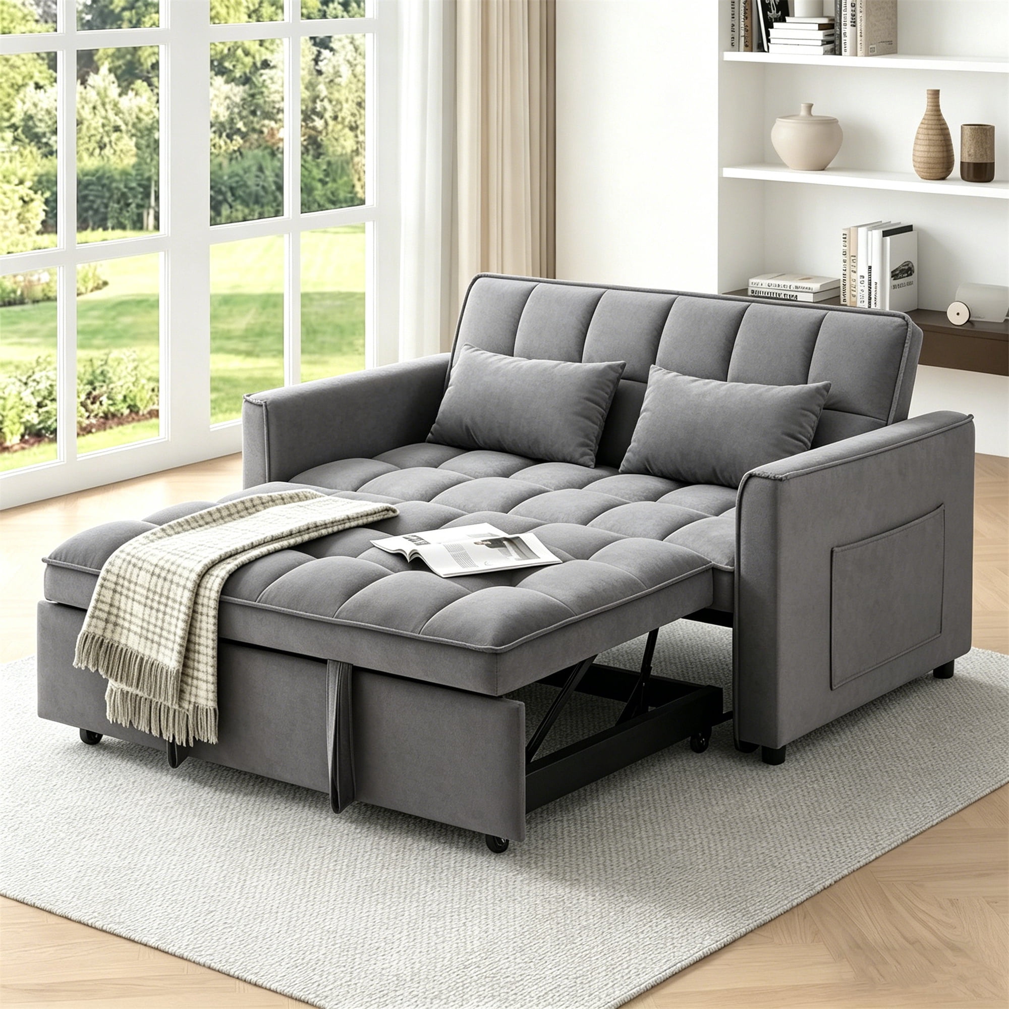 Aukfa 54" Chaise Futon Convertible Loveseat Sleeper Sofa, 2Pillows, Full Size, Velvet, Dark Gray