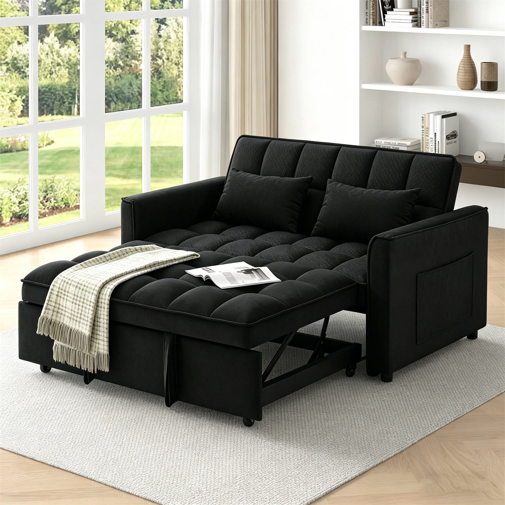 Aukfa 54" Chaise Futon Convertible Loveseat Sleeper Sofa, 2Pillows, Full Size, Velvet, Black