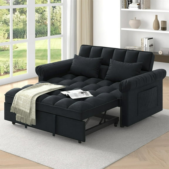 Aukfa 56" Chaise Futon Convertible Loveseat Sleeper Sofa, 2Pillows&Side Pockets, Full Size, Flannel, Black