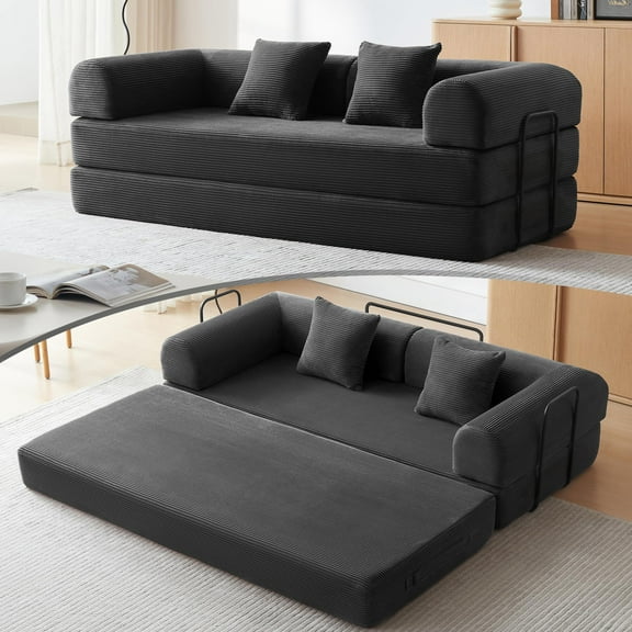 Aukfa 79" Chaise Futon Convertible Sofa Bed Boneless Couch with Fixed Frame, 2 Pillows, King Size, Corduroy, Black