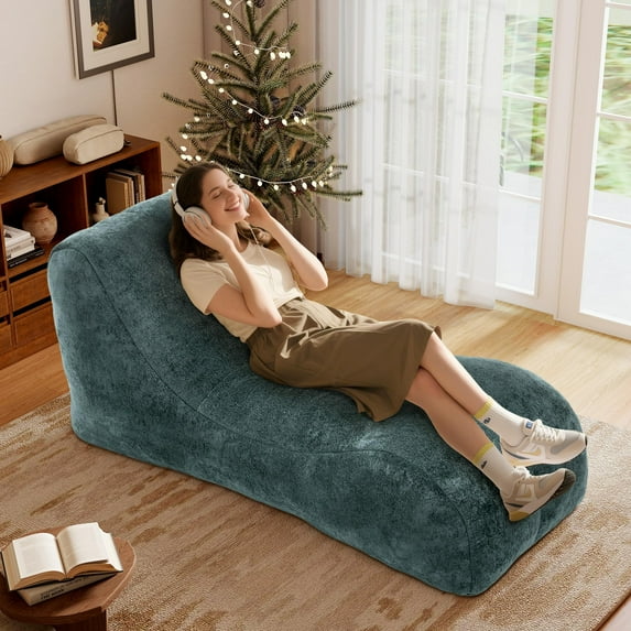 Aukfa Chaise Lounge, Bean Bag Sofa for Stretching, Relaxation, High Density Foam Recliner, Blue