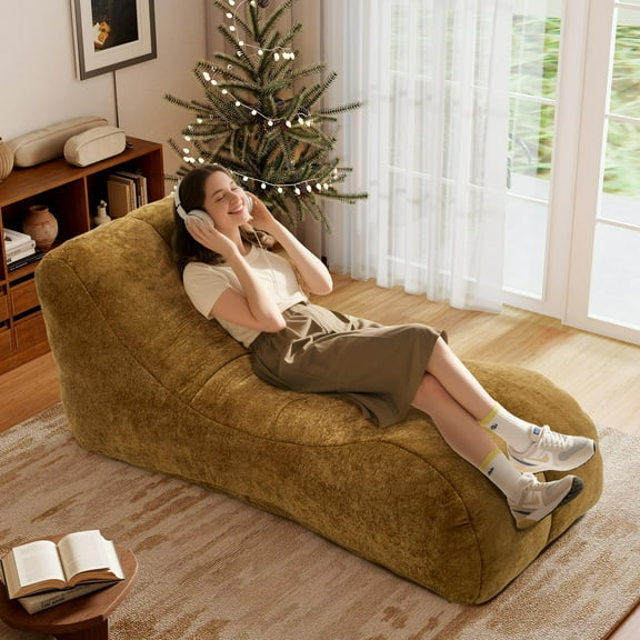 Aukfa Chaise Lounge, Bean Bag Sofa for Stretching, Relaxation, High Density Foam Recliner, Brown