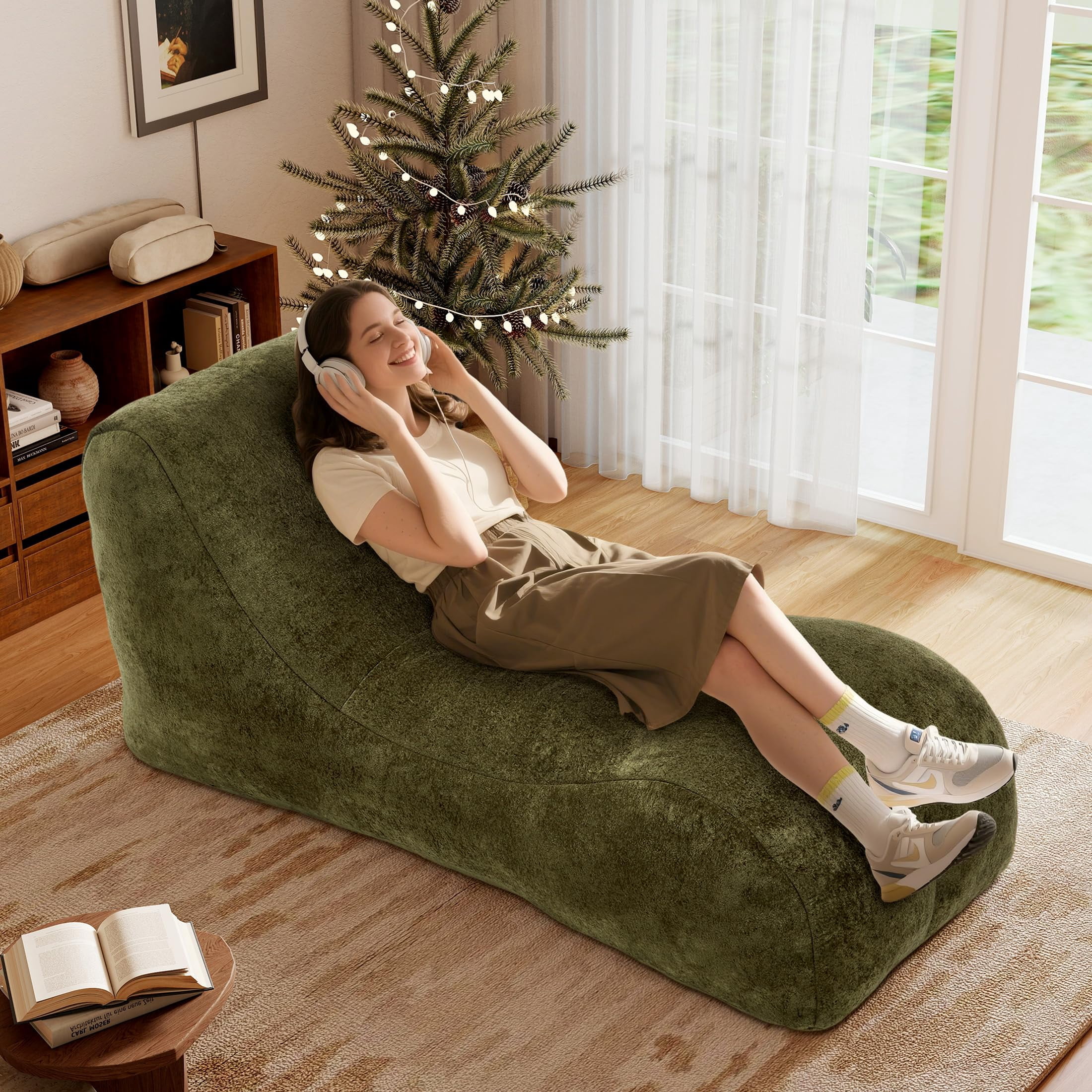 Aukfa Chaise Lounge, Bean Bag Sofa for Stretching, Relaxation, High Density Foam Recliner, Olive
