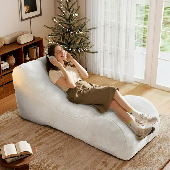 Aukfa Chaise Lounge, Bean Bag Sofa for Stretching, Relaxation, High Density Foam Recliner, White