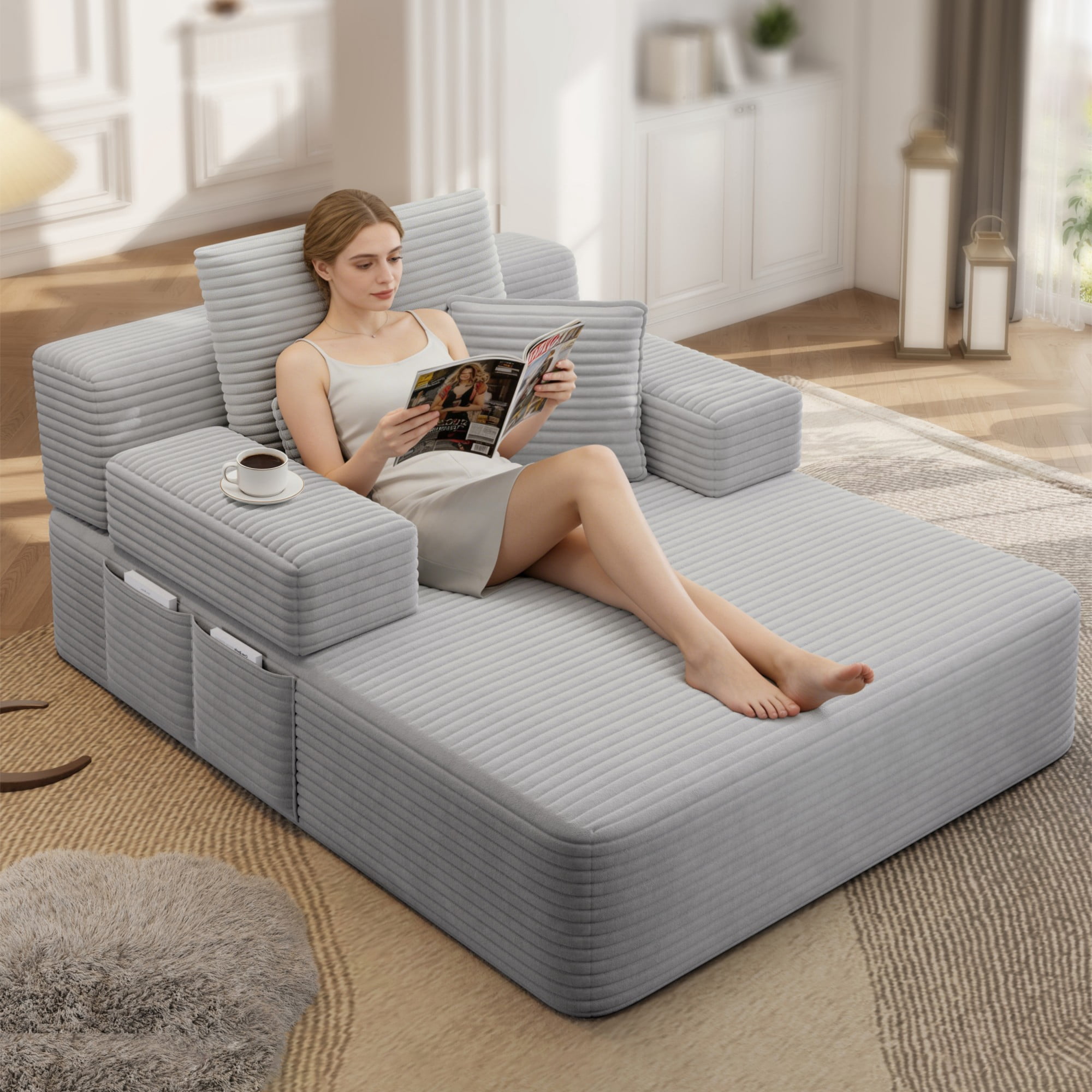 Aukfa Chaise Lounge Chair Indoor, Oversized Corduroy Boneless Sleeper Sofa Bed with Storage Pockets, Adjustable Backrest&3 Pillows, Reading Couch for Living Room Apartment, Light Gray