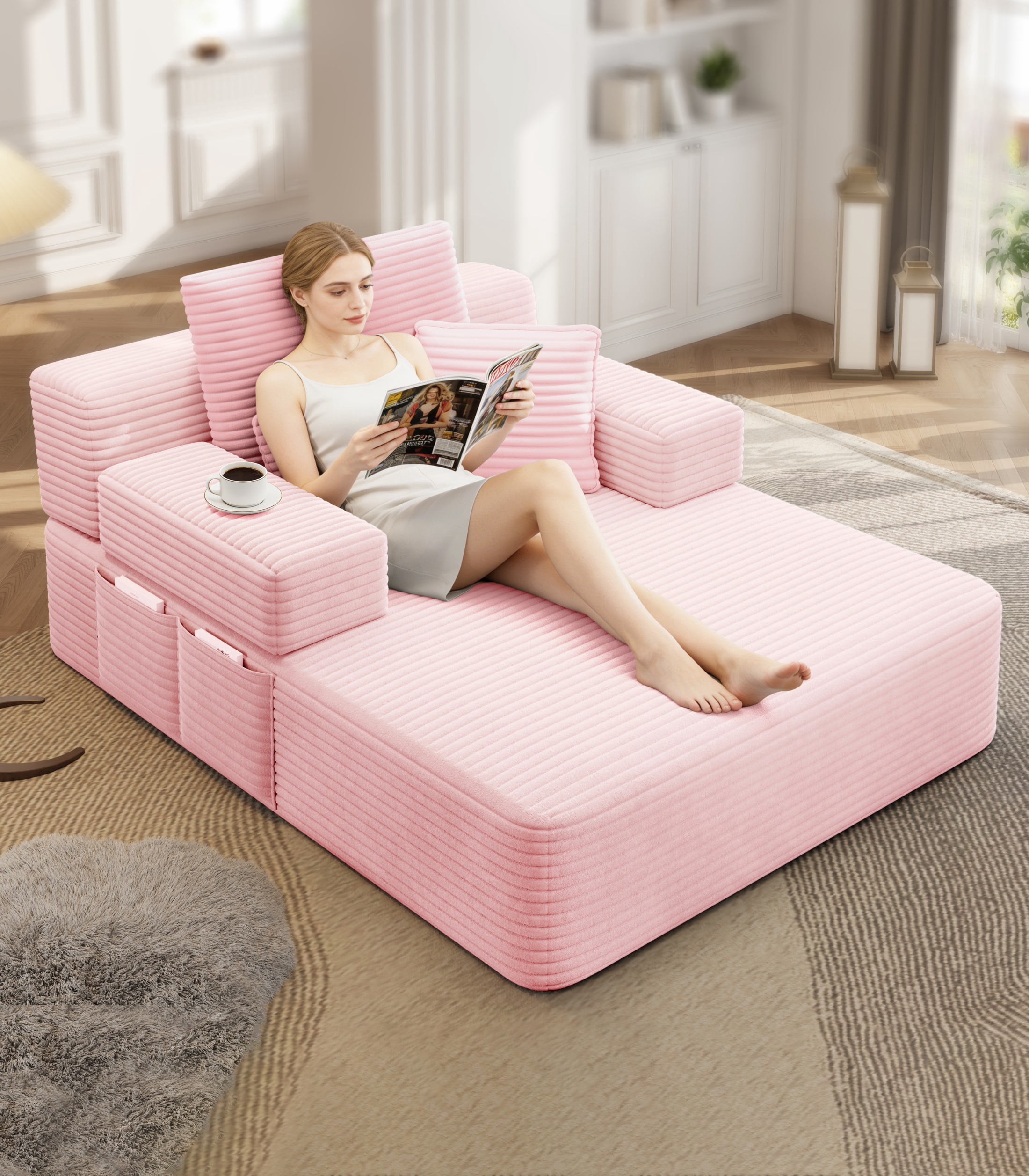 Aukfa Chaise Lounge Chair Indoor, Oversized Corduroy Boneless Sleeper Sofa Bed with Storage Pockets, Adjustable Backrest&3 Pillows, Reading Couch for Living Room Apartment, Pink