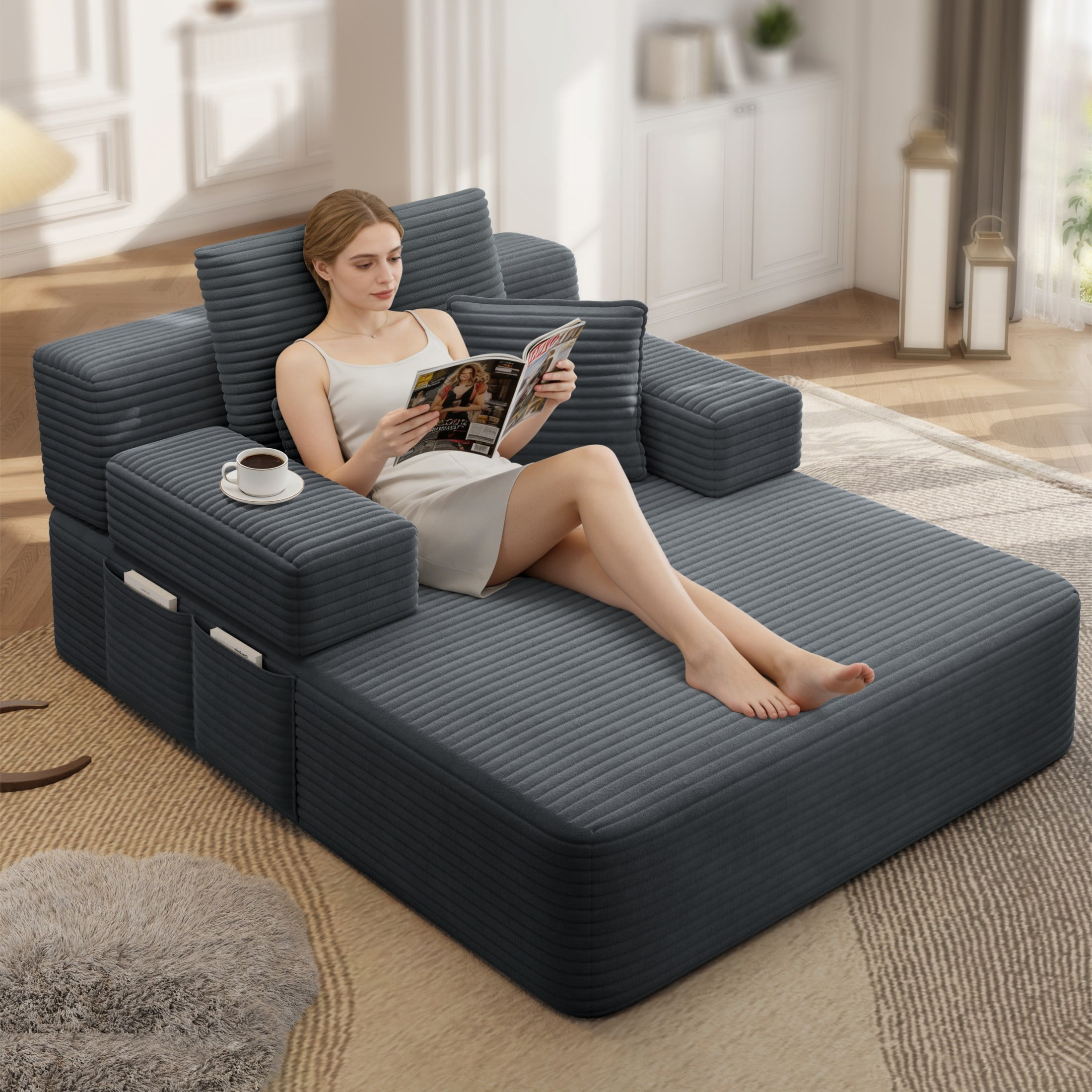 Aukfa Chaise Lounge Chair Indoor, Oversized Corduroy Boneless Sleeper Sofa Bed with Storage Pockets, Adjustable Backrest&3 Pillows, Reading Couch for Living Room Apartment, Dark Gray