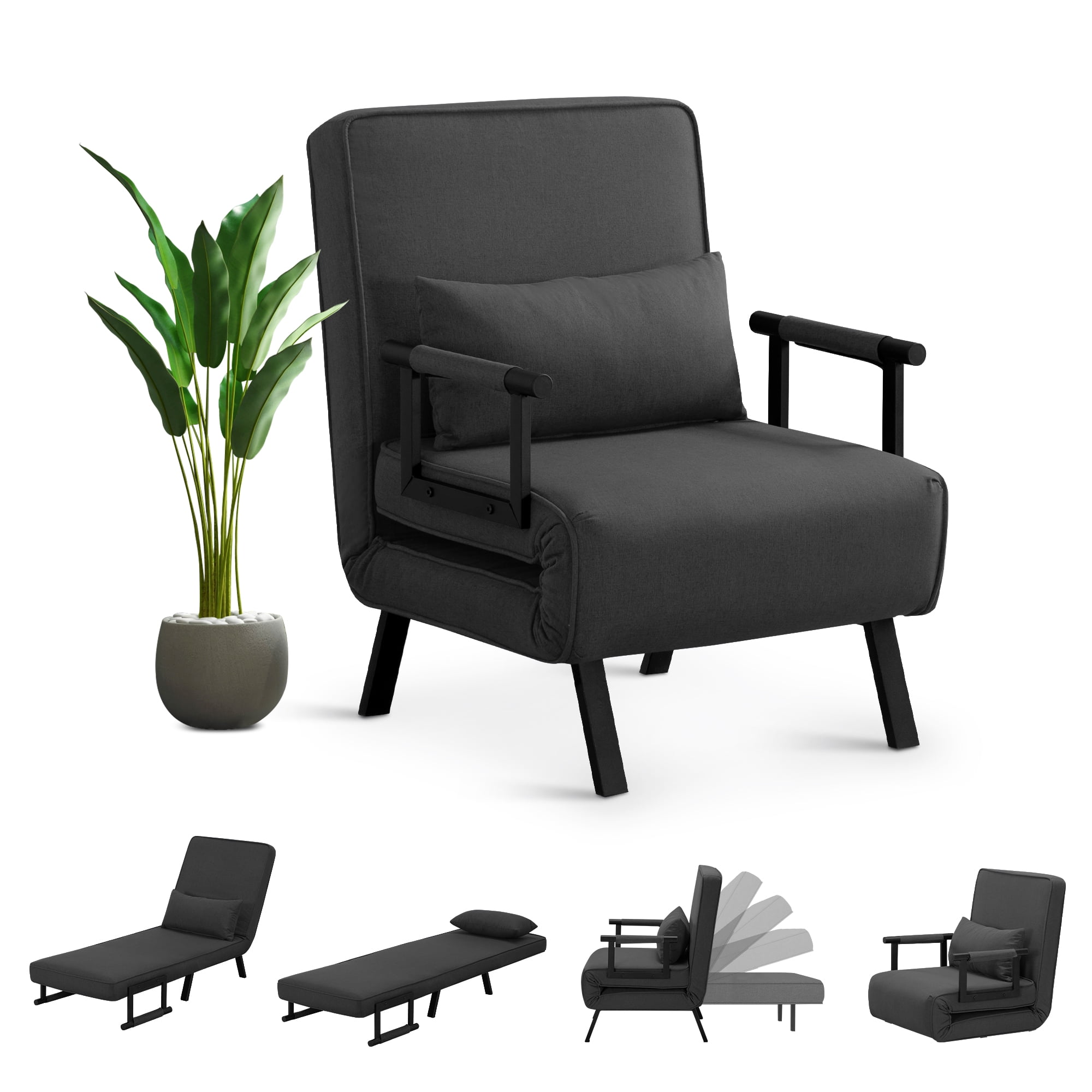 Aukfa Comfy Mini Sofa Adjustable Backrest Chaise Lounger Convertible Sofa Chair Bed w/ &Pillow, Black