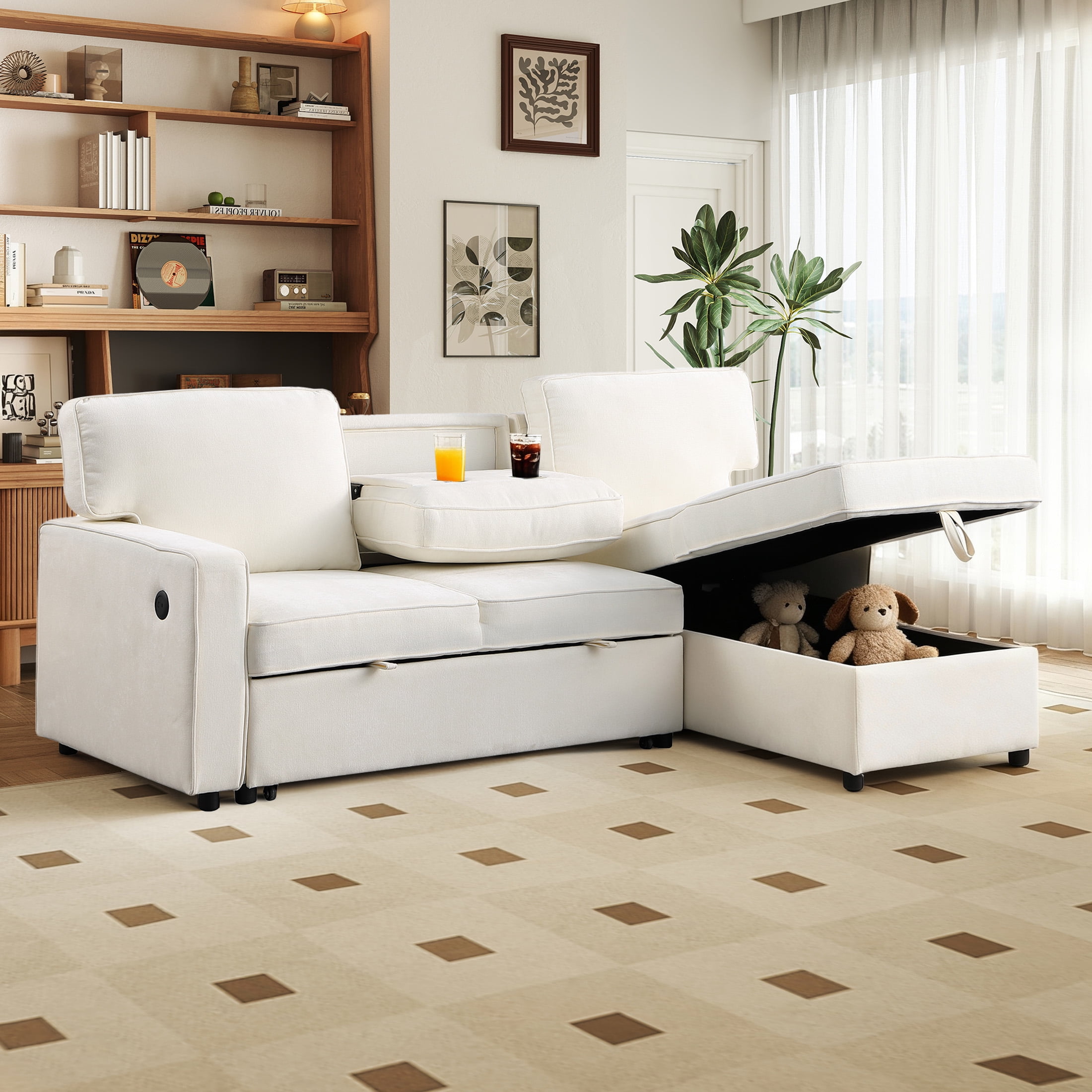 Aukfa Chenille Pull Out Sofa Bed, Reversible Sectional Couch with Storage Chaise, USB/Type-C, Beige