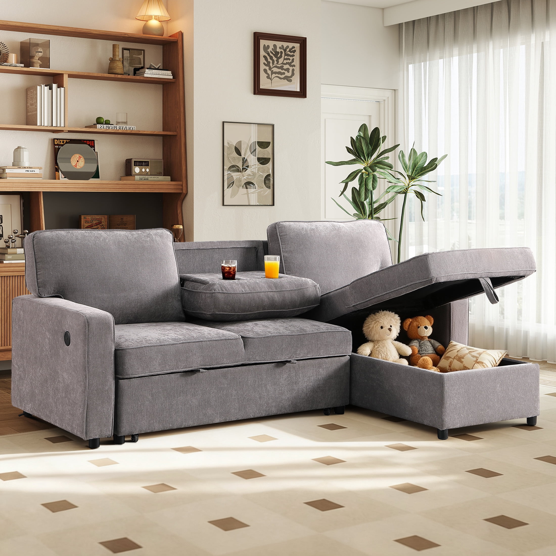 Aukfa Chenille Pull Out Sofa Bed, Reversible Sectional Couch with Storage Chaise, USB/Type-C, Beige