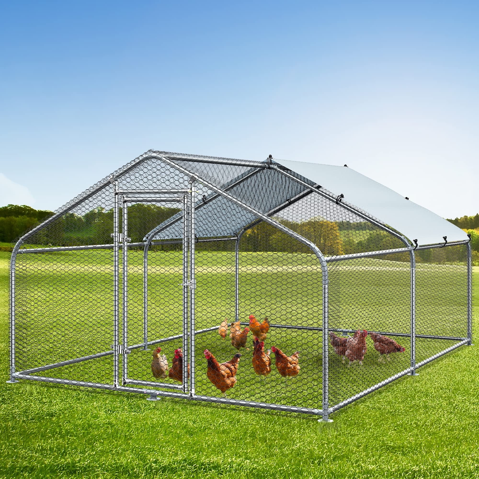 Aukfa Chicken Coop, 13 ft Large Chicken Run Cage Outdoor, Heavy Duty Spire Shaped Metal Frame, Silver
