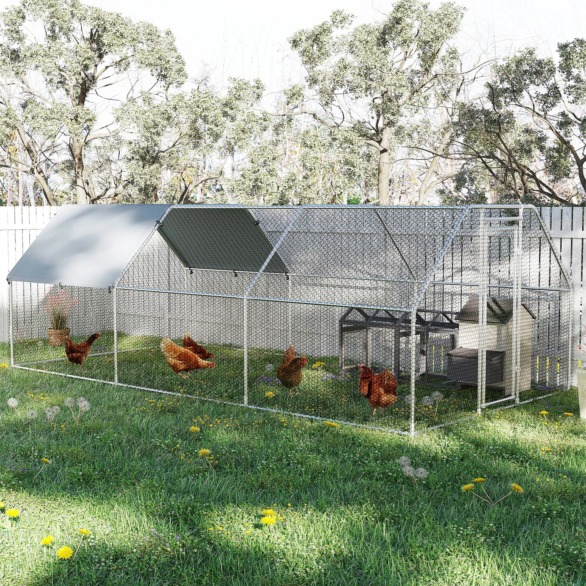 Aukfa Chicken Coop, 19.5 ft Large Chicken Run Cage Outdoor, Heavy Duty Metal Frame, Flat Roof, Silver