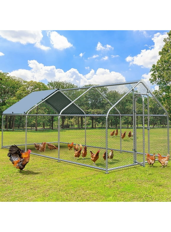 Aukfa Chicken Coop, 20 ft Large Chicken Run Cage Outdoor, Heavy Duty Metal Frame, Spire Shaped, Silver