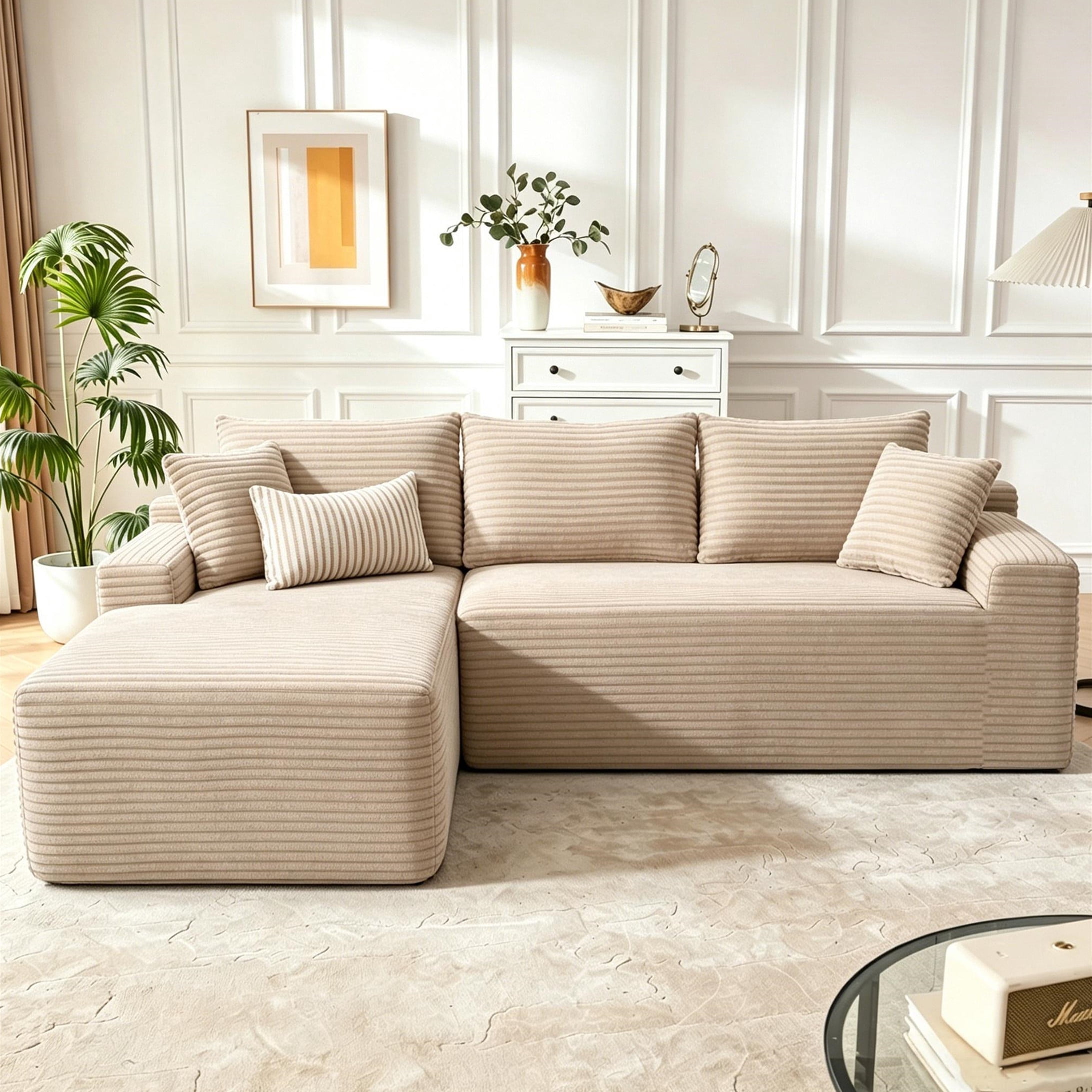 Aukfa 96" Cloud Sectional Sofa Deep Seat Boneless Couch Modular L-Shaped Couch, Left Chaise Corduroy Sofa for Living Room, Camel