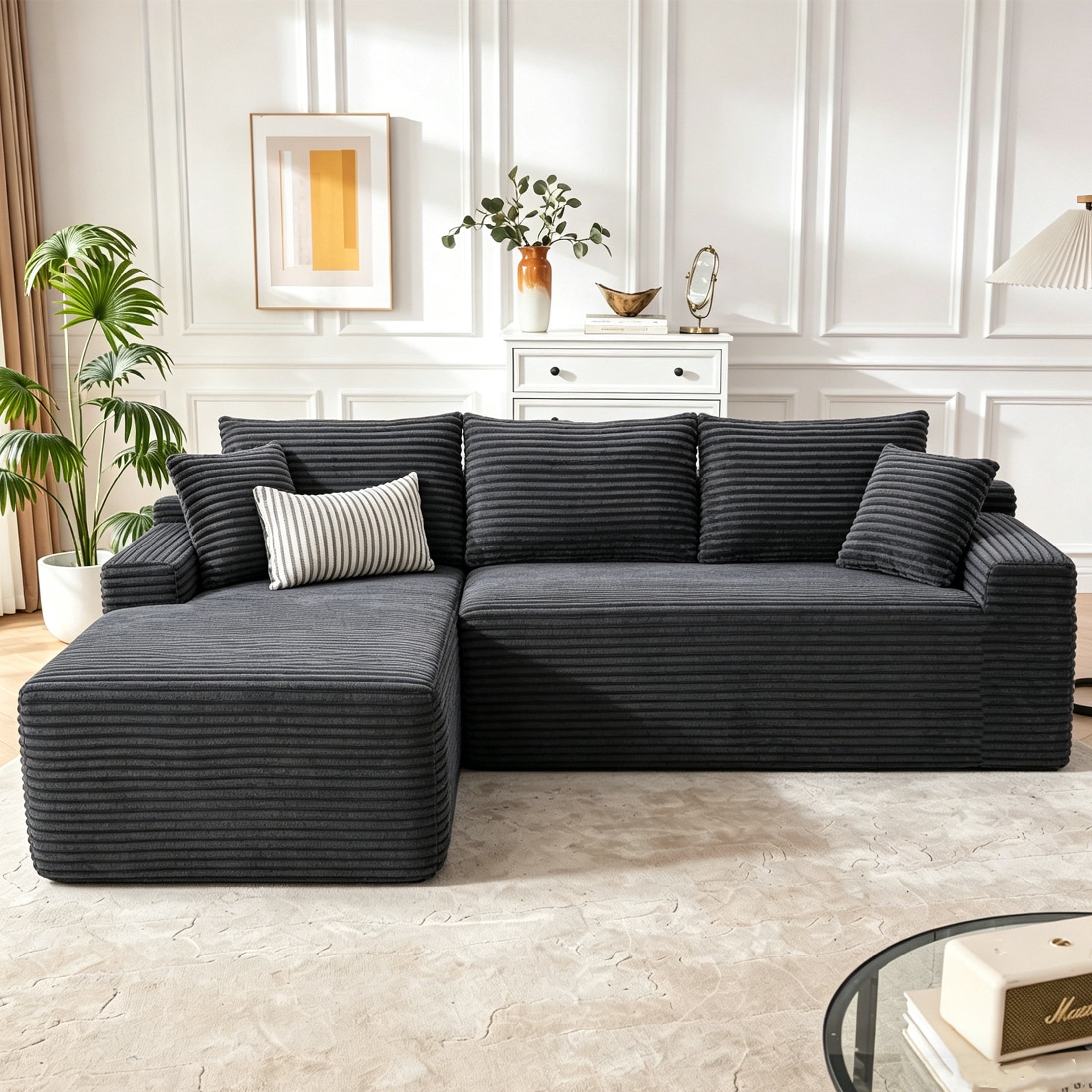 Aukfa 96" Cloud Sectional Sofa Deep Seat Boneless Couch Modular L-Shaped Couch, Left Chaise Corduroy Sofa for Living Room, Dark Gray