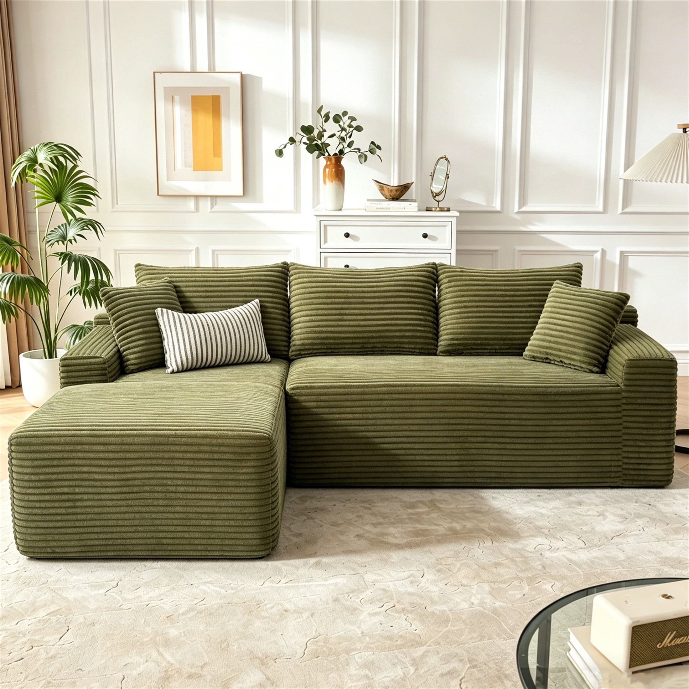 Aukfa 96" Cloud Sectional Sofa Deep Seat Boneless Couch Modular L-Shaped Couch, Left Chaise Corduroy Sofa for Living Room, Green