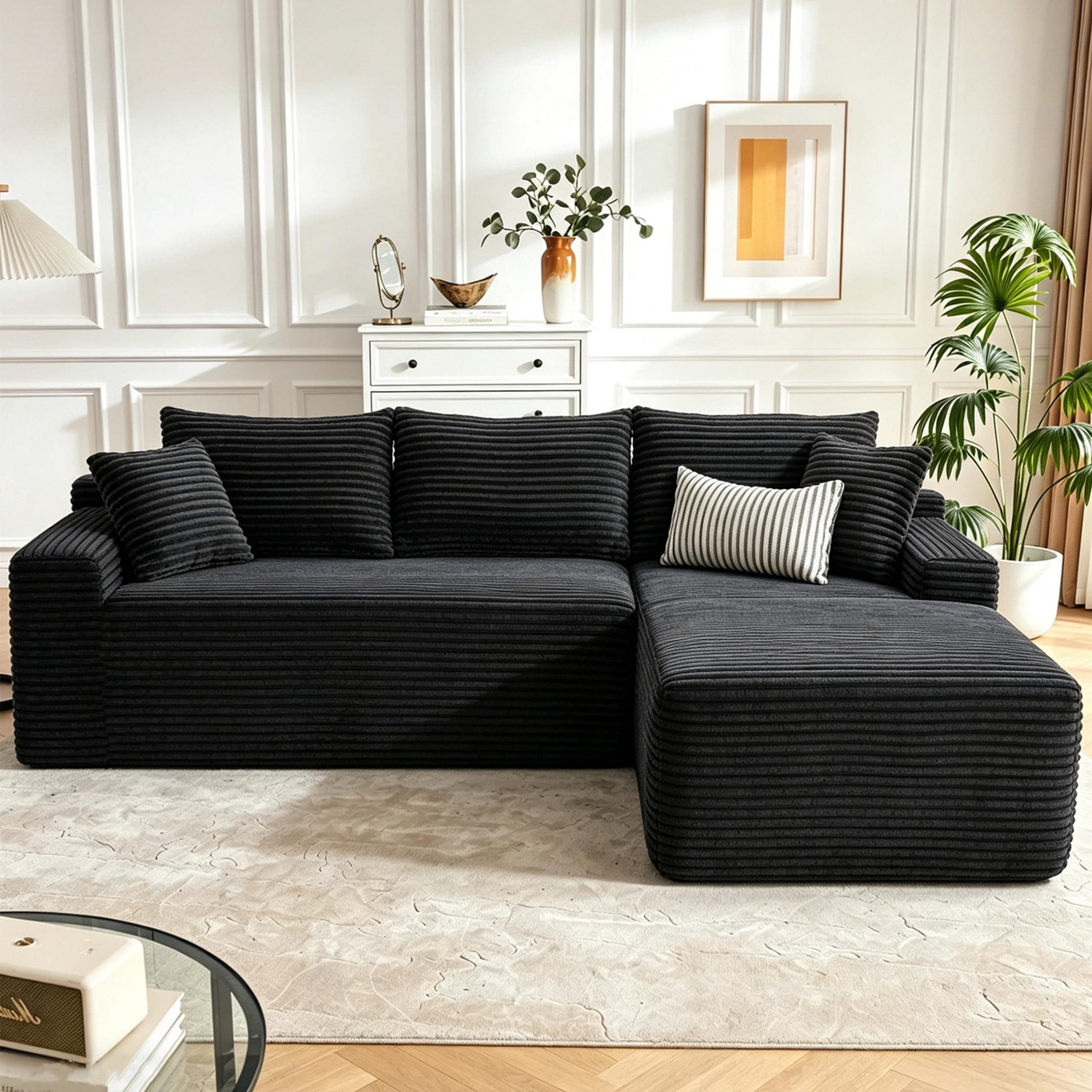 Aukfa 96" Cloud Sectional Sofa Deep Seat Boneless Couch Modular L-Shaped Couch, Right Chaise Corduroy Sofa for Living Room, Black