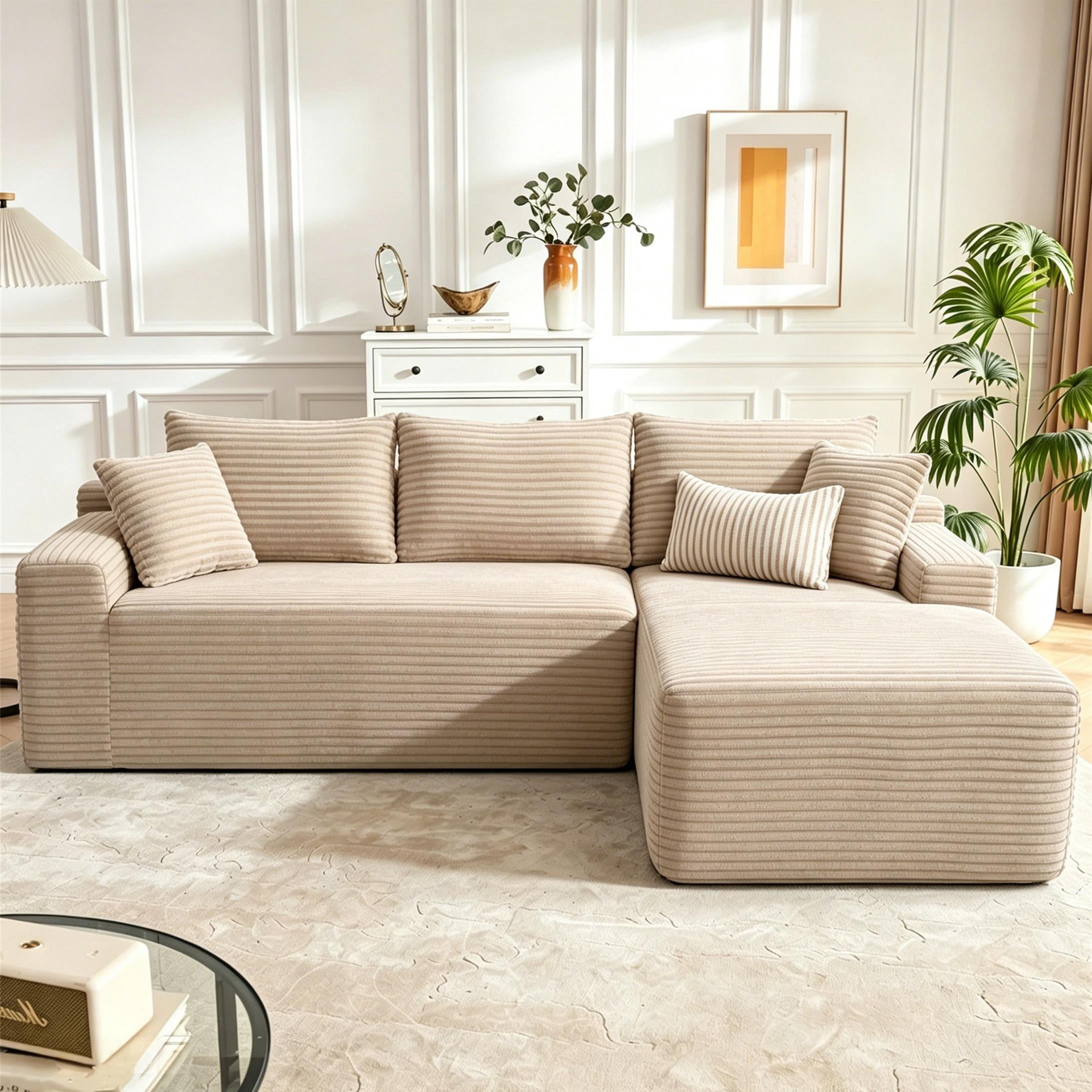 Aukfa 96" Cloud Sectional Sofa Deep Seat Boneless Couch Modular L-Shaped Couch, Right Chaise Corduroy Sofa for Living Room, Camel