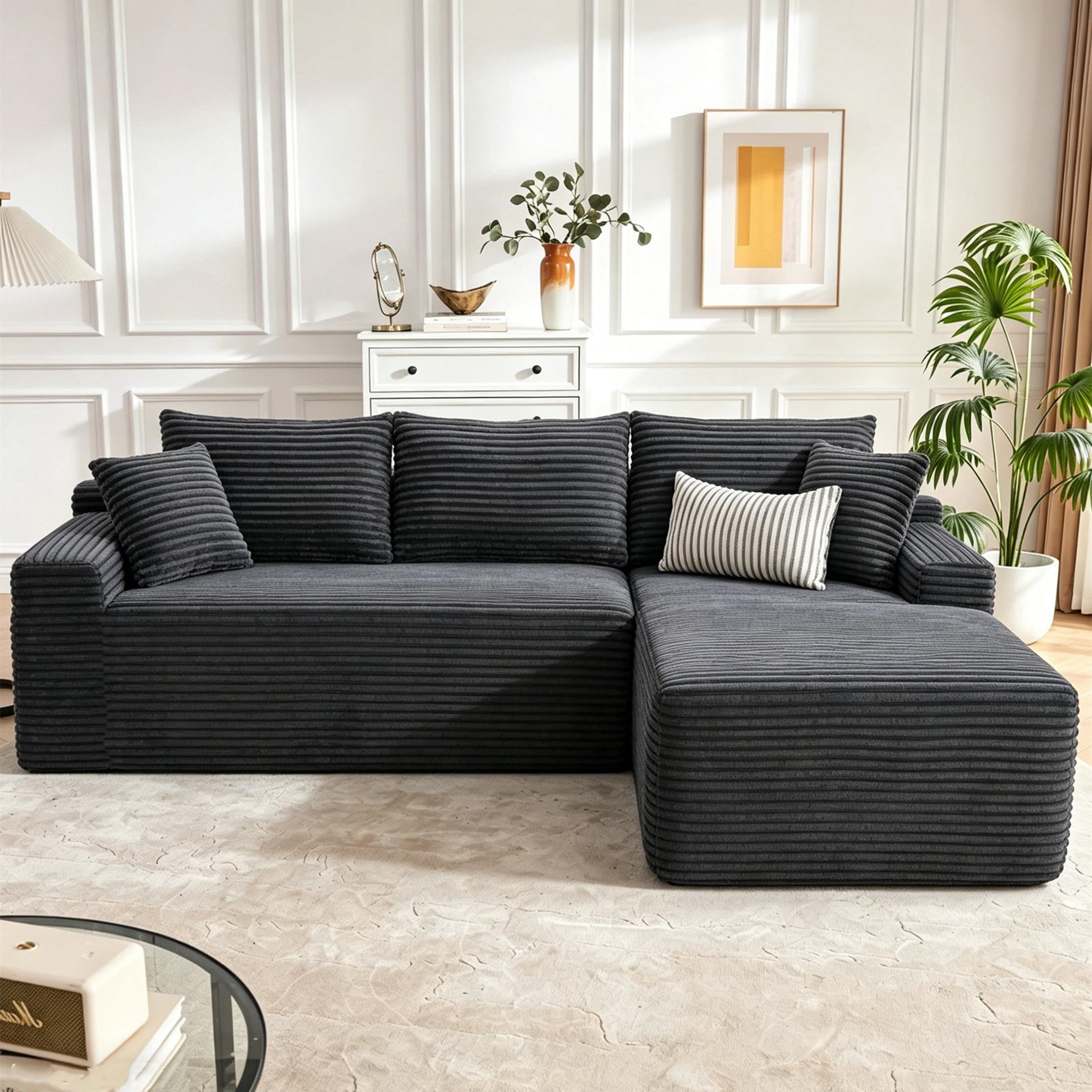 Aukfa 96" Cloud Sectional Sofa Deep Seat Boneless Couch Modular L-Shaped Couch, Right Chaise Corduroy Sofa for Living Room, Dark Gray