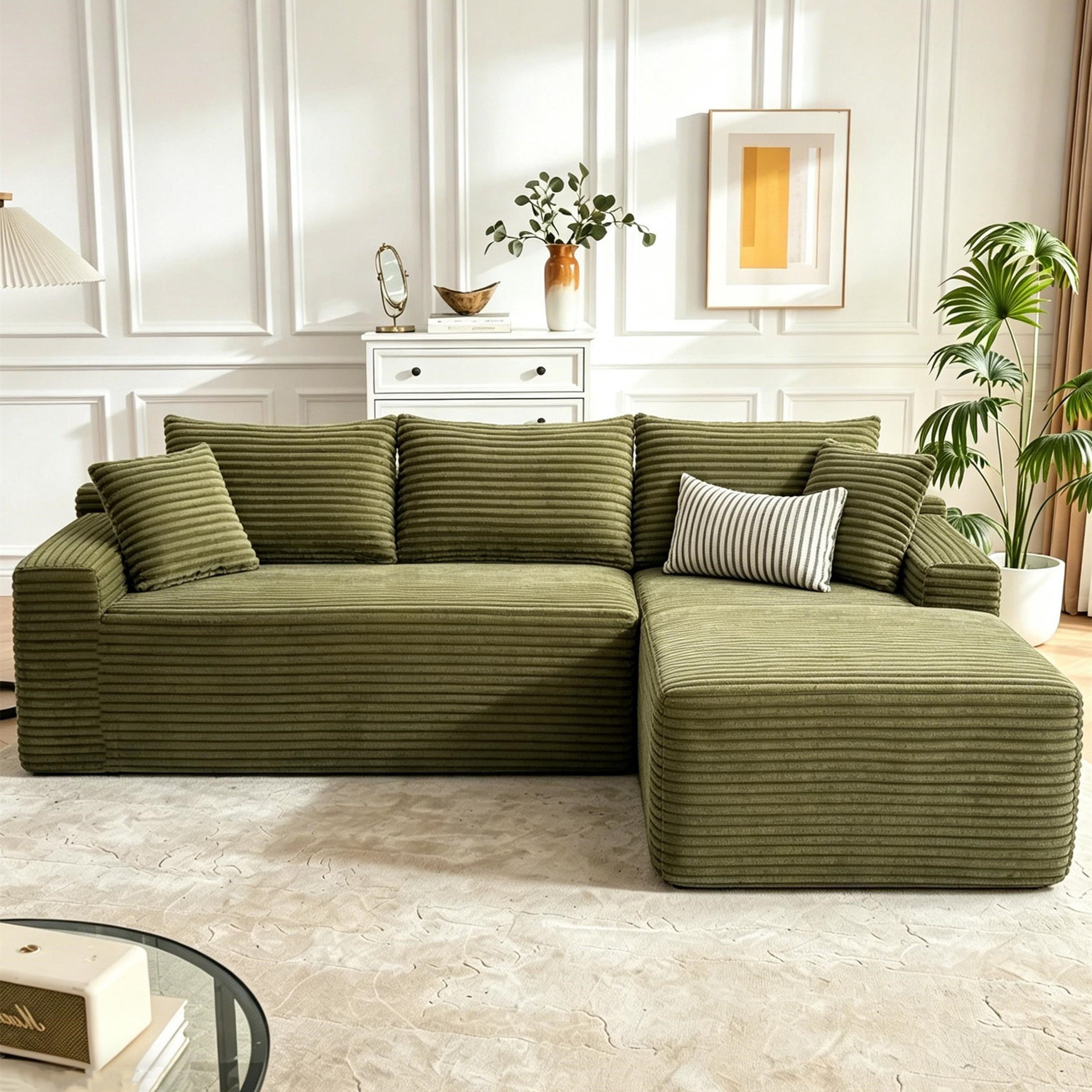 Aukfa 96" Cloud Sectional Sofa Deep Seat Boneless Couch Modular L-Shaped Couch, Right Chaise Corduroy Sofa for Living Room, Green