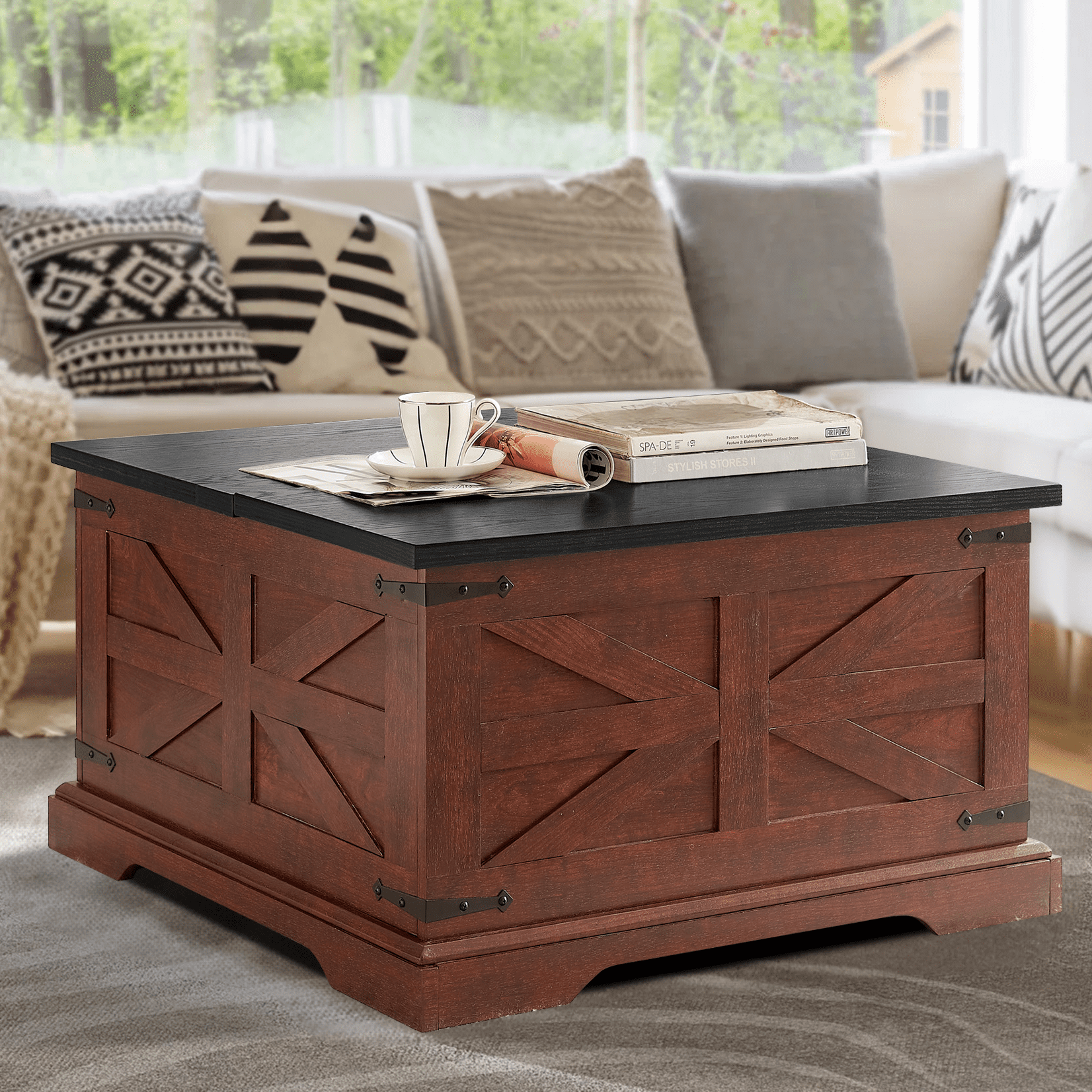 Aukfa Coffee Table, Wood Center Table Cocktail Table with Hidden Storage for Living Room, Brown