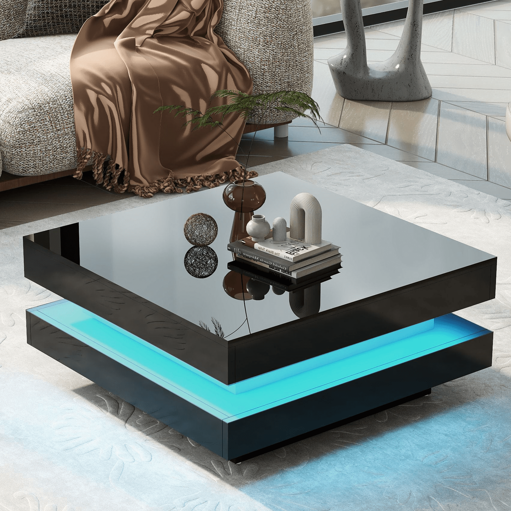 Aukfa Coffee Table with Plug-in 16-Color LED Lights for Living Room - Black