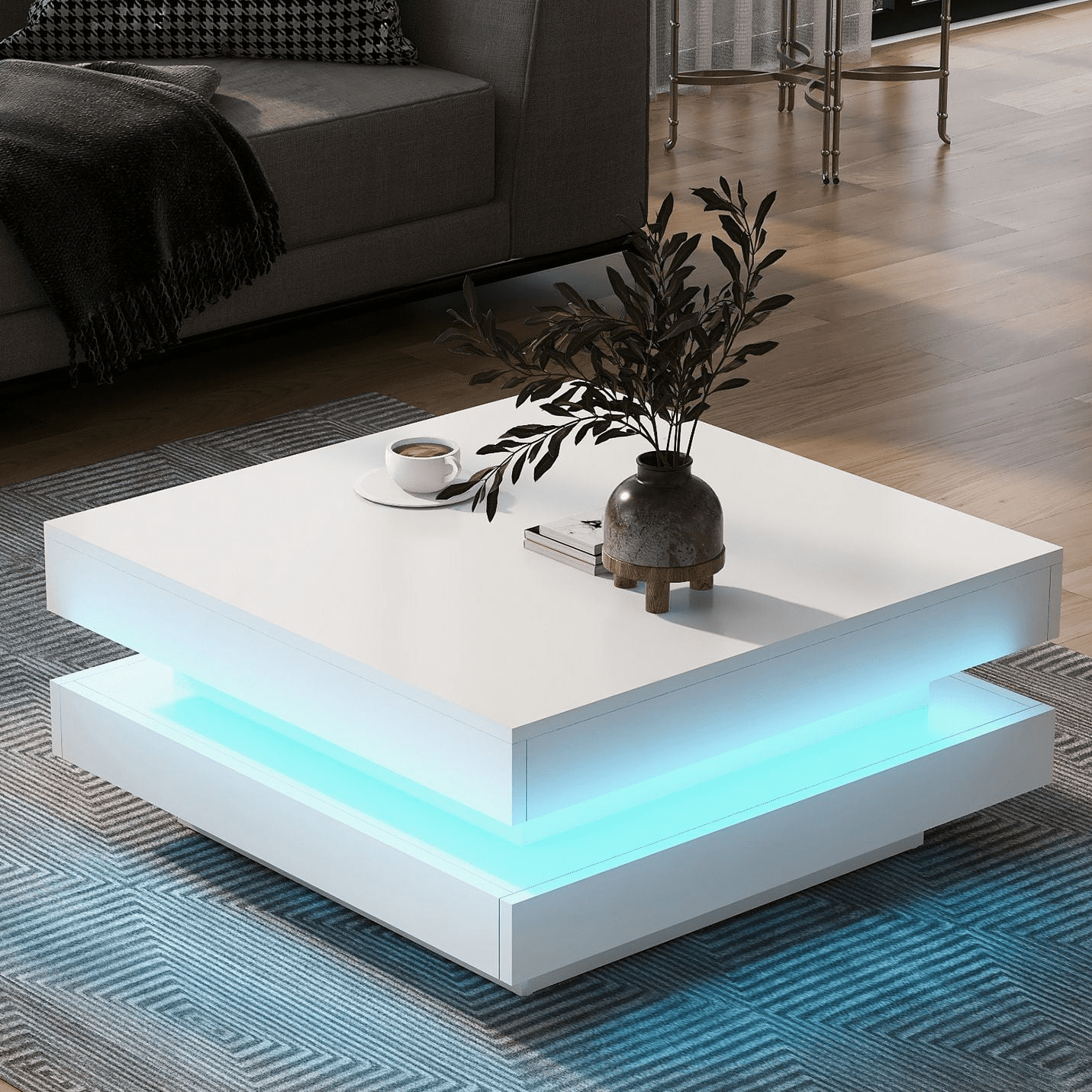 Aukfa Coffee Table with Plug-in 16-Color LED Lights for Living Room - White