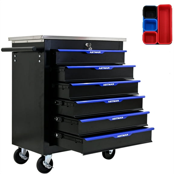 Aukfa Composable 25.9 in Tool Chest with 6 Drawers&7 Plastic Storage Box for Workshop Garage, Black