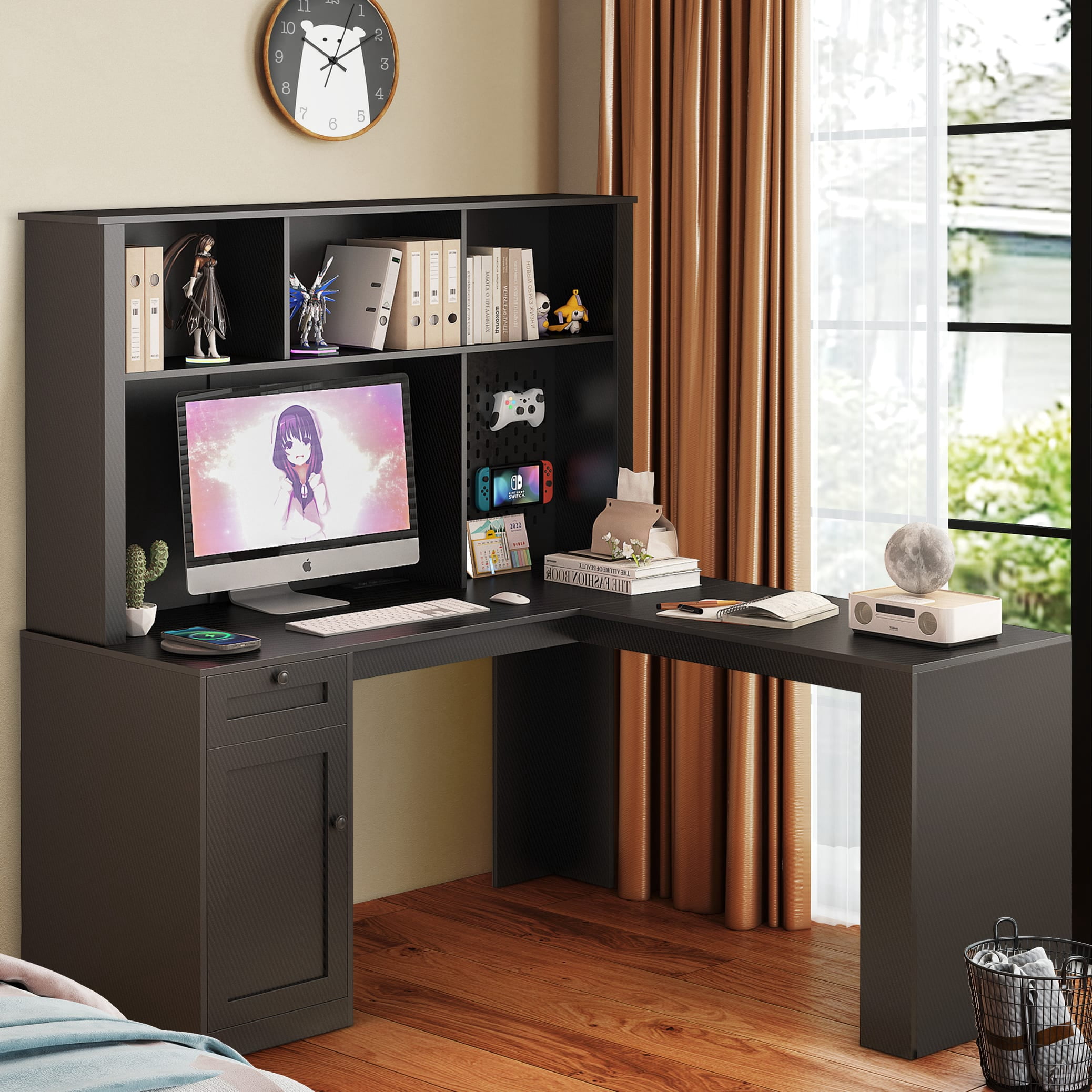 Aukfa Computer Desk with Hutch & Power Outlets, L Shaped Writing Desk Corner Desk for Home Office,Black