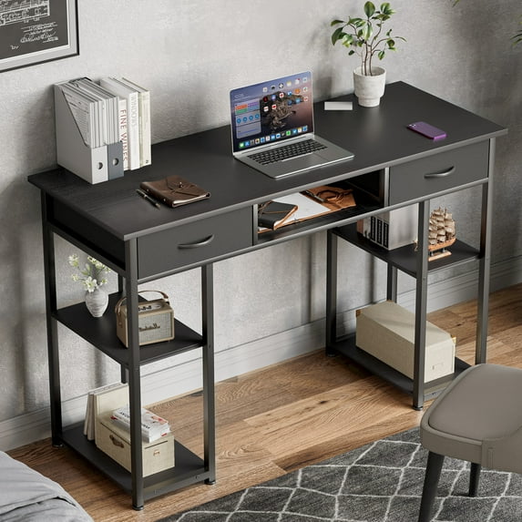 Aukfa Computer Desk with Storage Drawer, Wood Student Writing Desk for Small Space Home,Black