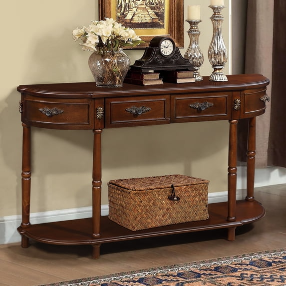 Aukfa Console Table, 52" Retro Half Moon Sofa Table with 2 Drawers and Shelf for Living Room/Hallway, Cherry
