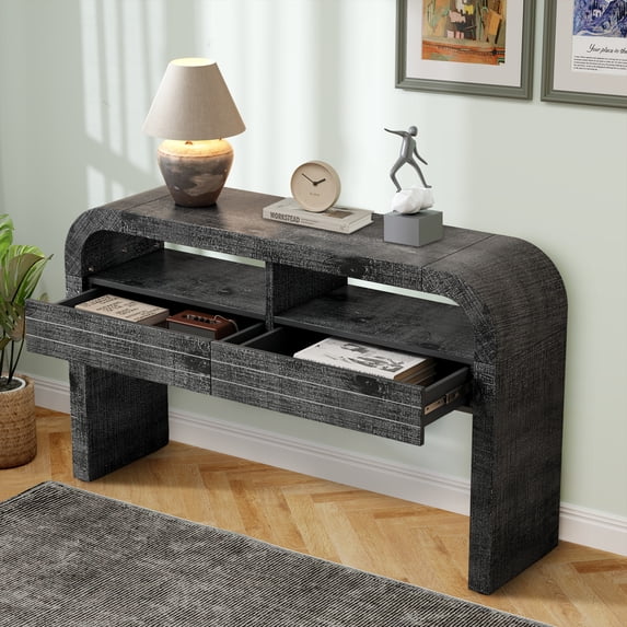 Aukfa Console Table, Curved Entryway Sofa Table with Storage Drawers and Shelves for Hallway and Living Room, Black