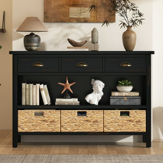 Aukfa Console Table with Drawers & Woven Baskets for Entryway and Living Room,Espresso