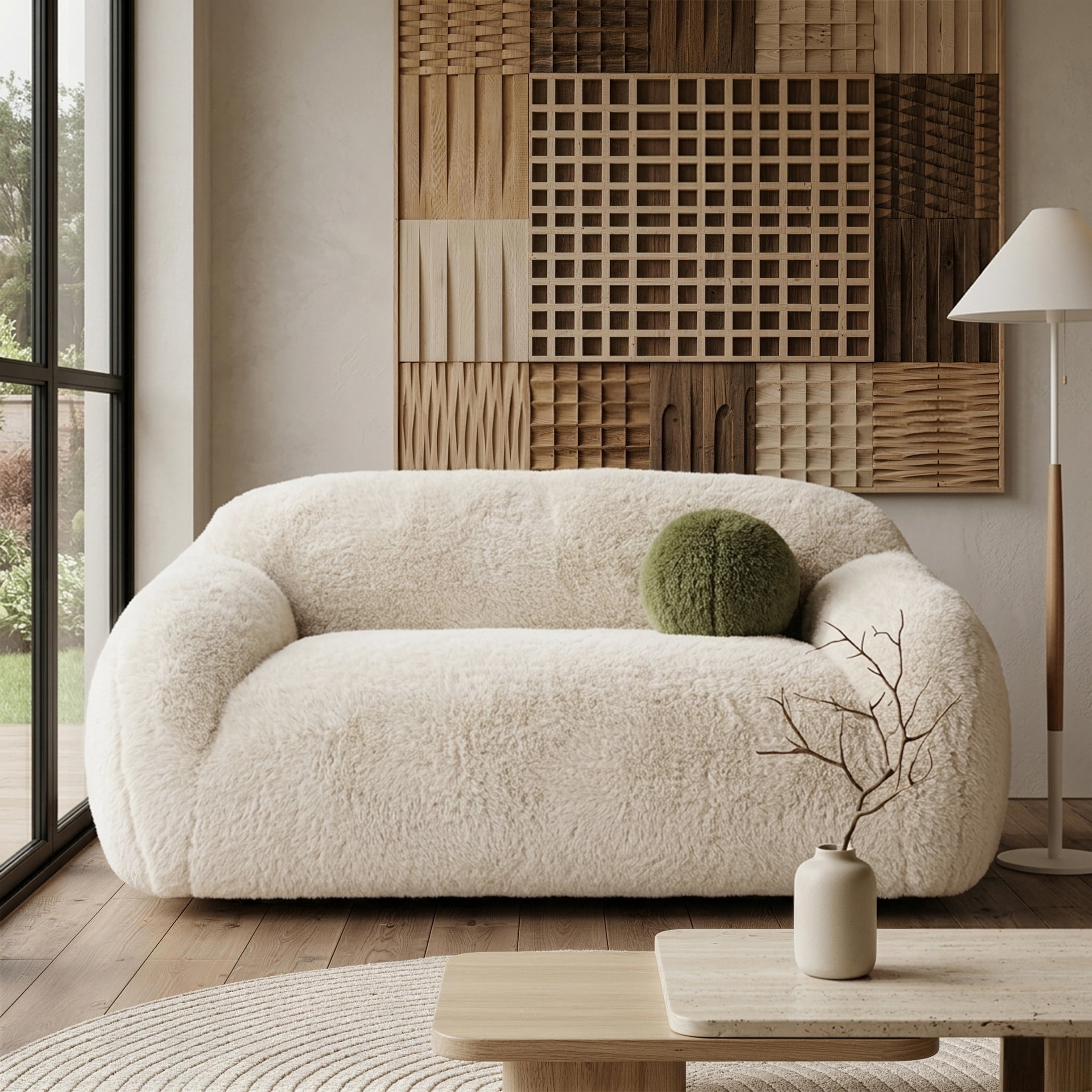 Aukfa Contemporary Plush Faux Fur Sofa, Could-Comfort Loveseat, 25" Deep Seat, Pet Friendly, Beige
