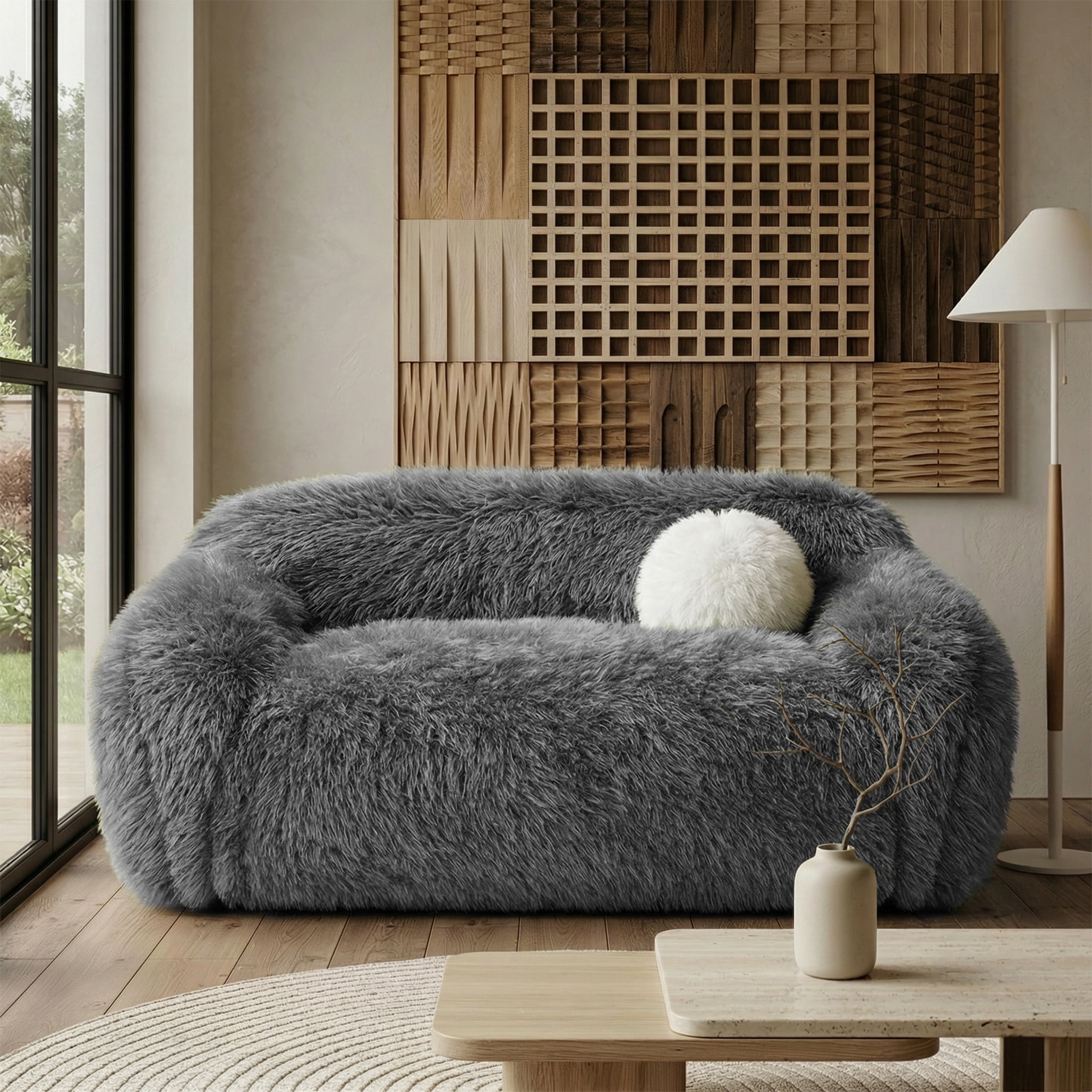 Aukfa Contemporary Plush Faux Fur Sofa, Could-Comfort Loveseat, 25" Deep Seat, Pet Friendly, Gray