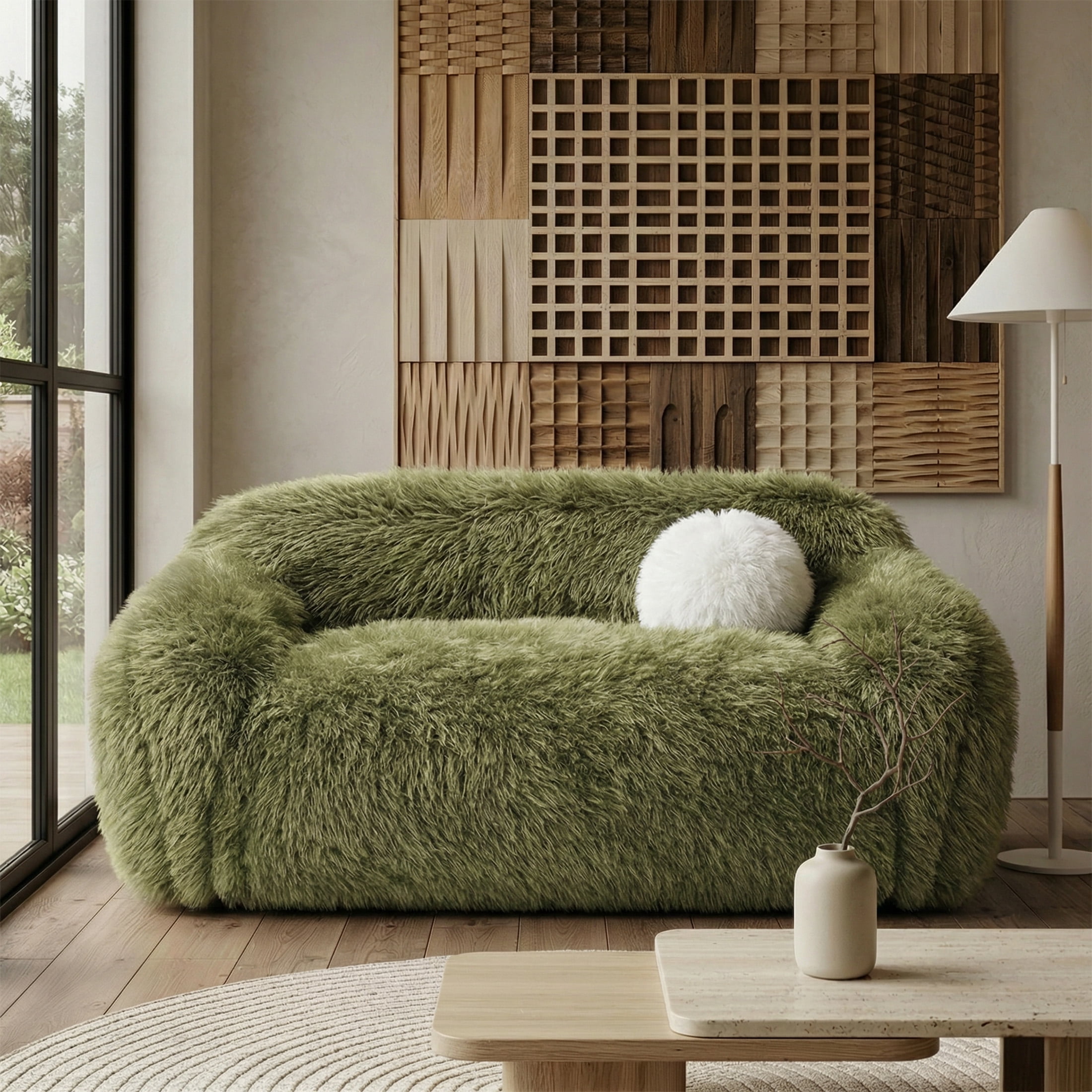 Aukfa Contemporary Plush Faux Fur Sofa, Could-Comfort Loveseat, 25" Deep Seat, Pet Friendly, Green