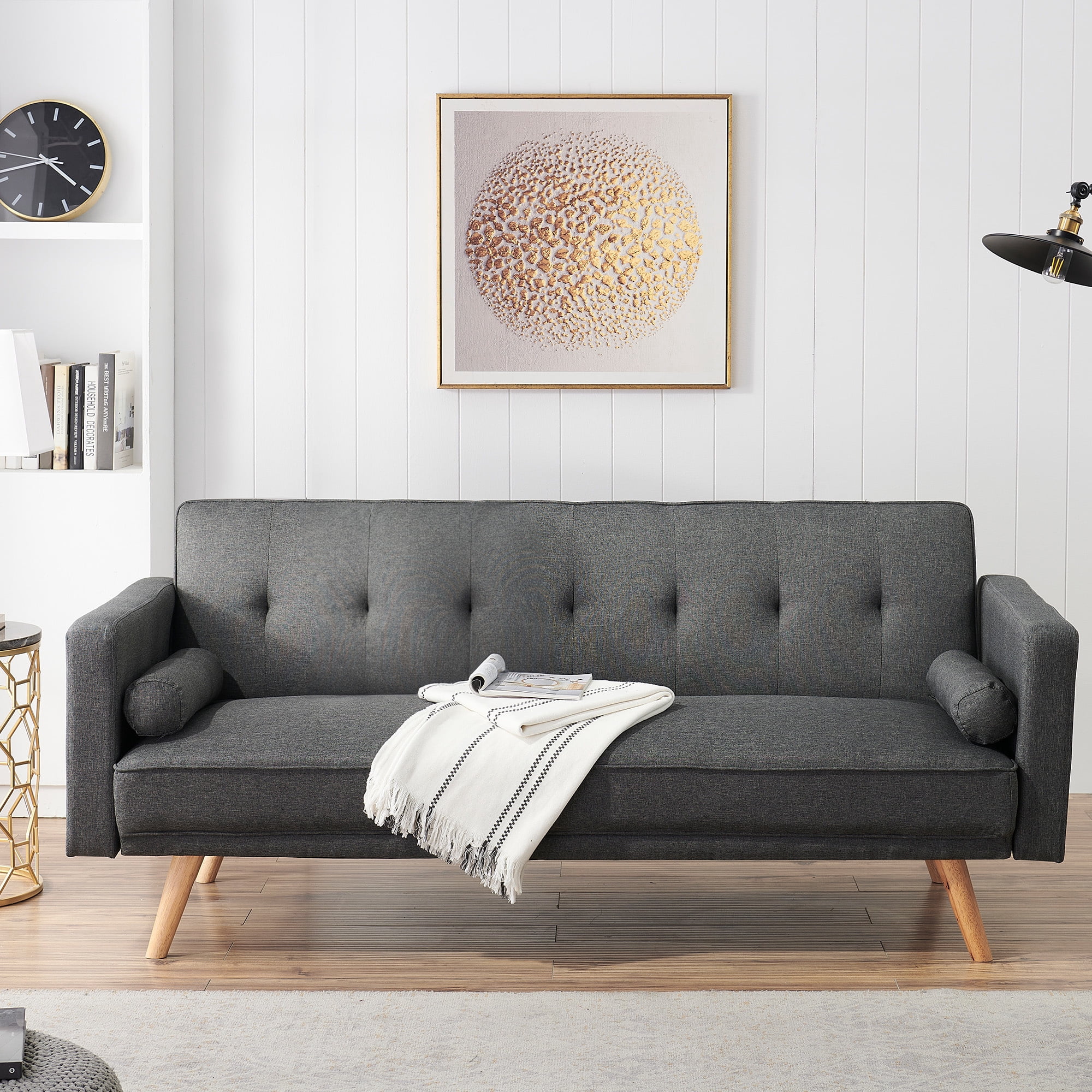 Aukfa Convertible Futon Sofa Bed, Arm Couch for Home Office, Solid Wood Legs, 2 Pillows, Gray