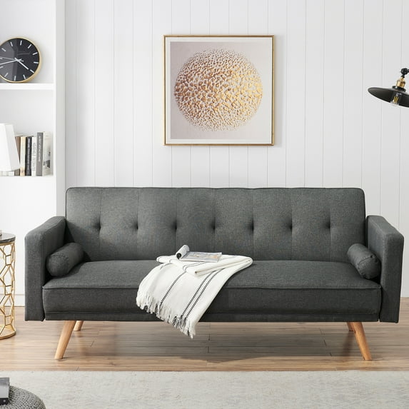 Aukfa Convertible Futon Sofa Bed, Arm Couch for Home Office, Solid Wood Legs, 2 Pillows, Gray