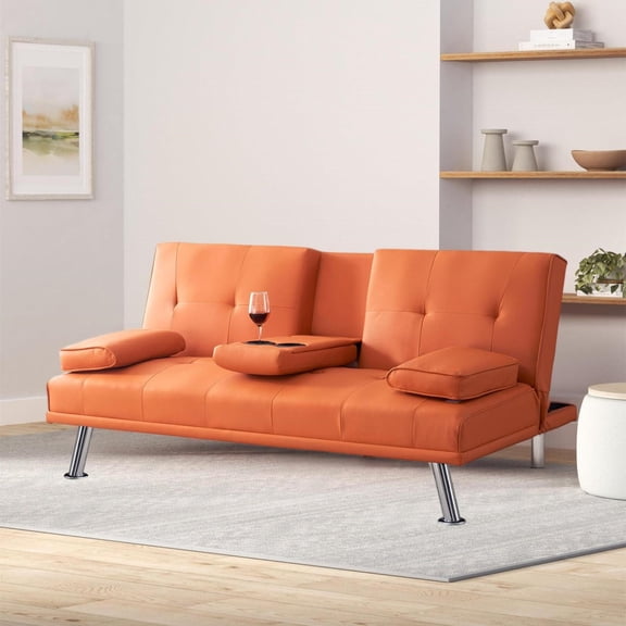 Aukfa Convertible Futon Sofa Bed with Cupholder&Pillow for Home Office Twin Size, Leather, Orange