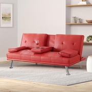 Aukfa Convertible Futon Sofa Bed with Cupholder&Pillow for Home Office Twin Size, Leather, Red