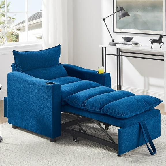 Aukfa Convertible Sleeper Chair Bed, 3-in-1 Pull Out Sofa Chair with Cup Holders & Thick Pad, Velvet Futon for Small Spaces, Blue