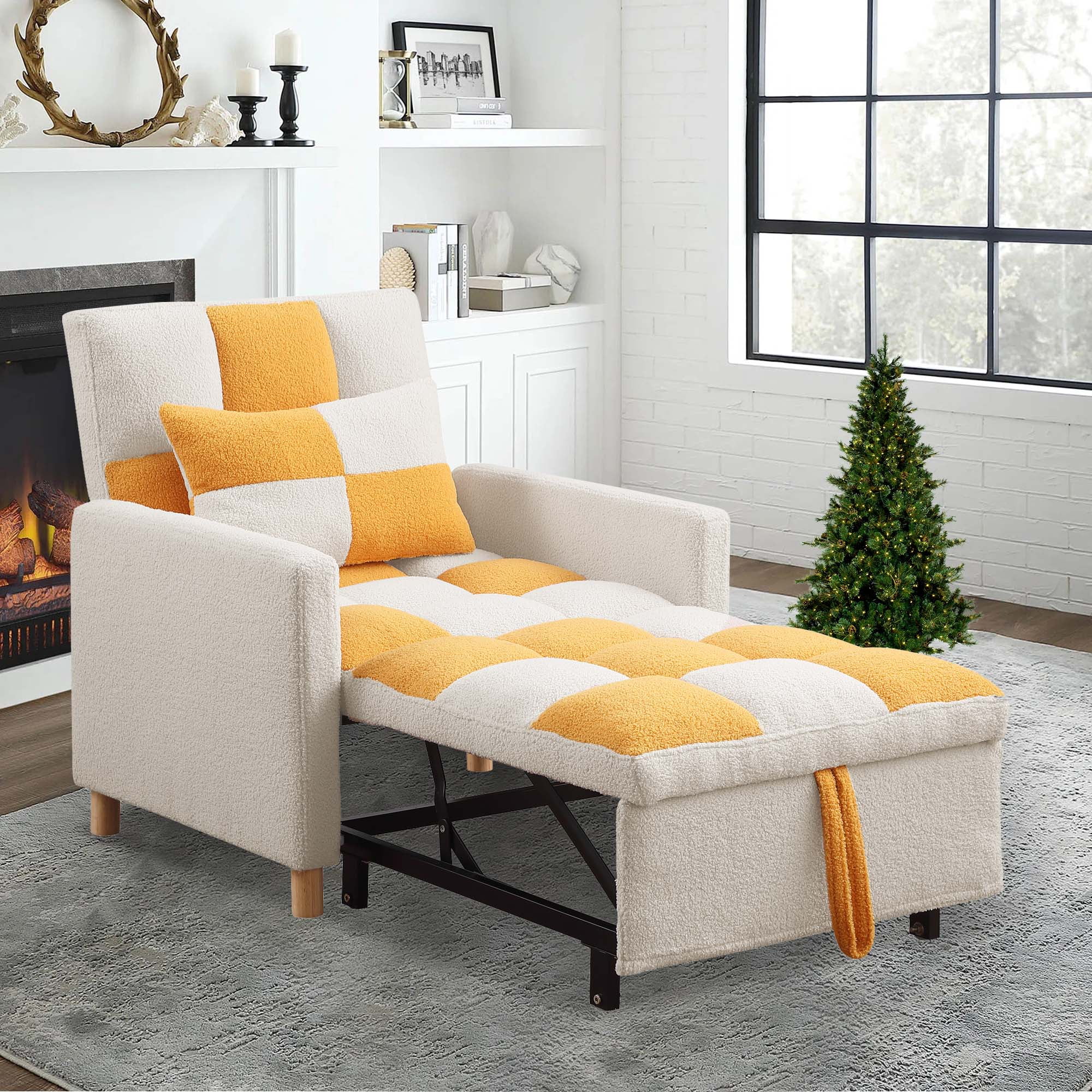 Aukfa Convertible Sleeper Chair Bed, Patchwork Pull Out Sofa Chair with Adjustable Backrest, Teddy  Beige/Yellow  (图1)