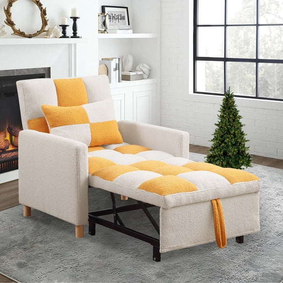 Aukfa Convertible Sleeper Chair Bed, Patchwork Pull Out Sofa Chair with Adjustable Backrest, Teddy - Beige/Yellow