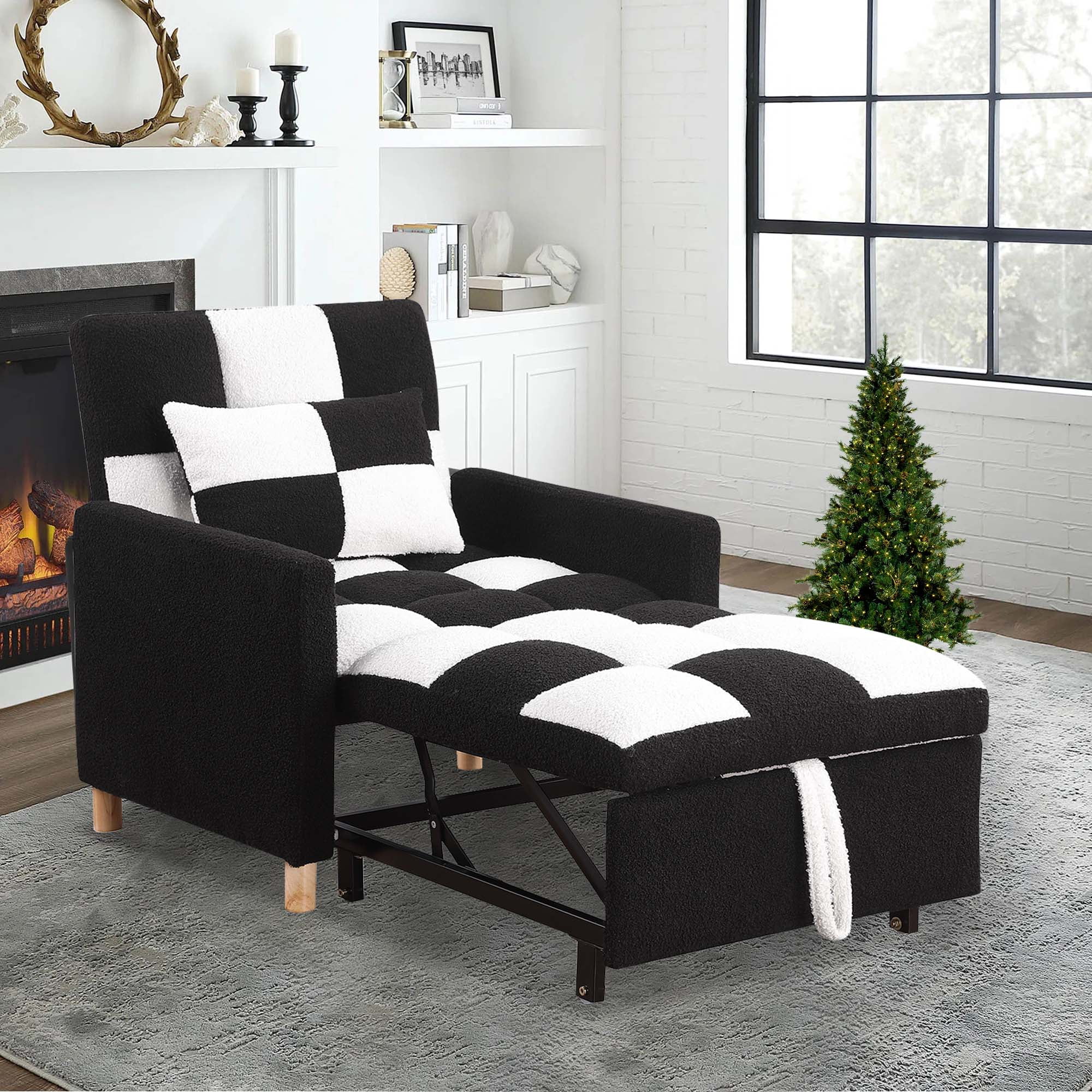 Free Shipping! Aukfa Convertible Sleeper Chair Bed, Patchwork Pull Out Sofa Chair with Adjustable Backrest, Teddy  Black/White  (图1)