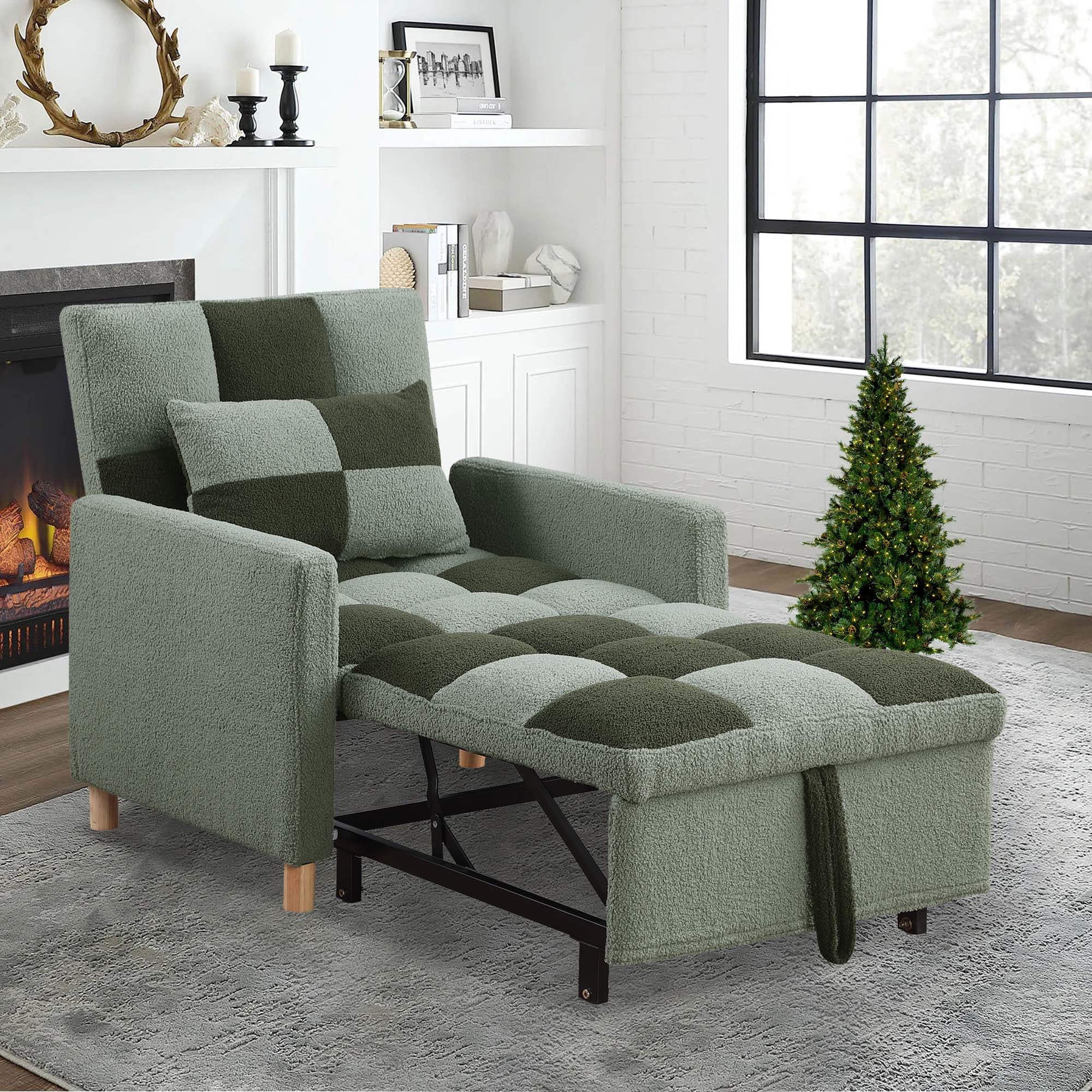 Aukfa Convertible Sleeper Chair Bed, Patchwork Pull Out Sofa Chair with Adjustable Backrest, Teddy  Green  (图1)