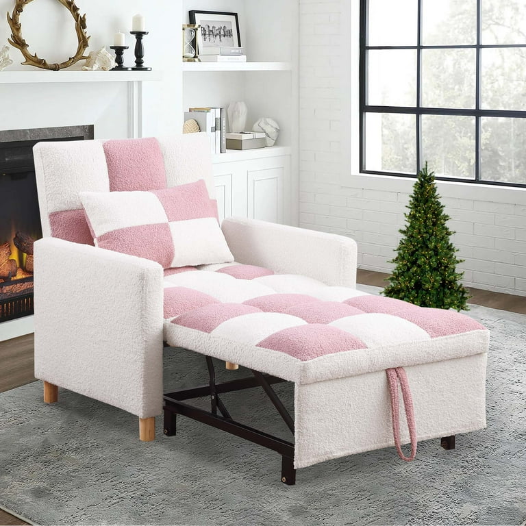 Aukfa Convertible Sleeper Chair Bed Patchwork Pull Out Sofa Chair with Adjustable Backrest Teddy White Pink Walmart